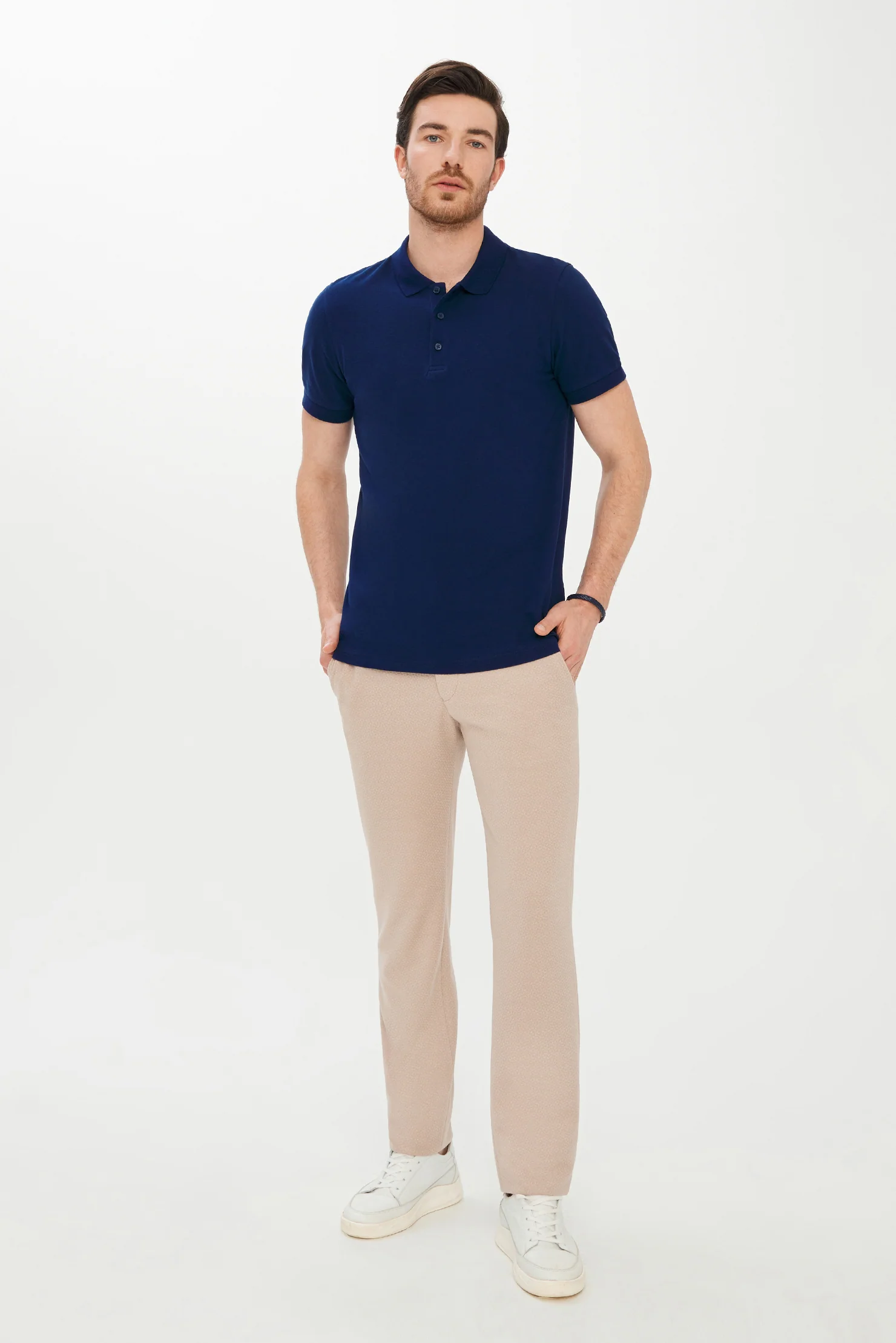 Orta Lacivert Polo Yaka Slim Fit Dar Kesim Pamuk Tişört