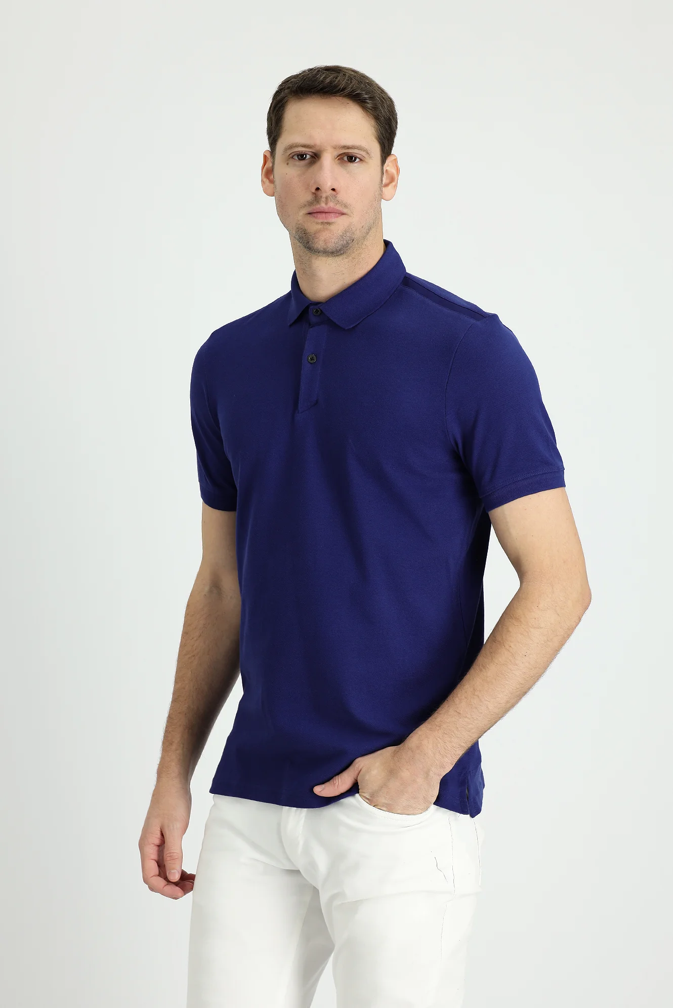 Orta Lacivert Polo Yaka Slim Fit Dar Kesim Pamuk Tişört