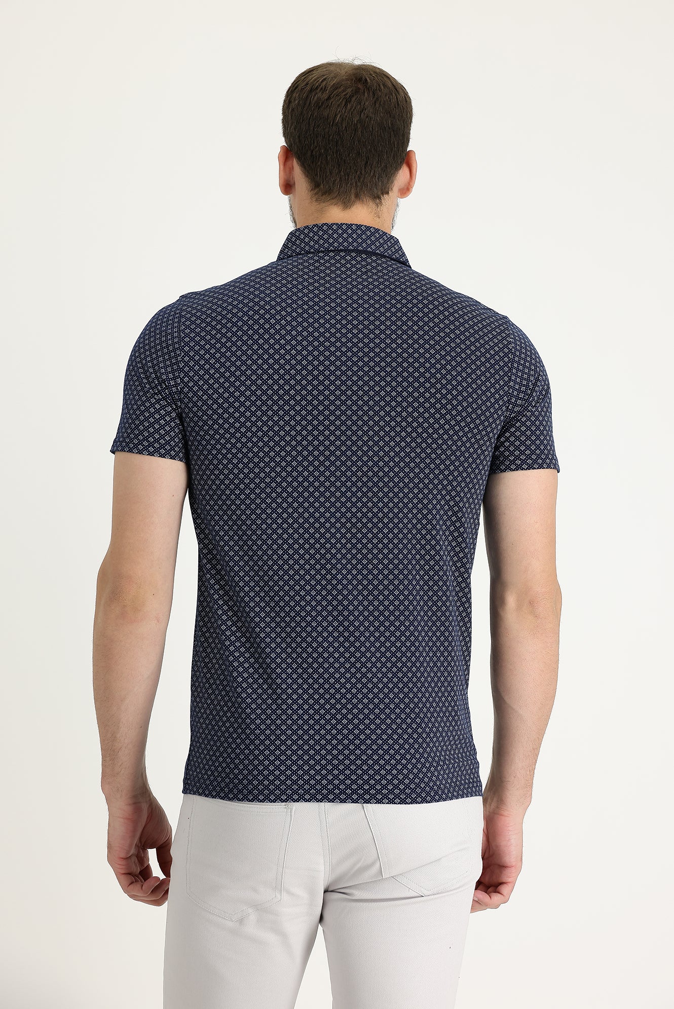 Orta Lacivert Polo Yaka Super Slim Fit Ekstra Dar Kesim Baskılı Pamuk Tişört - Image 2