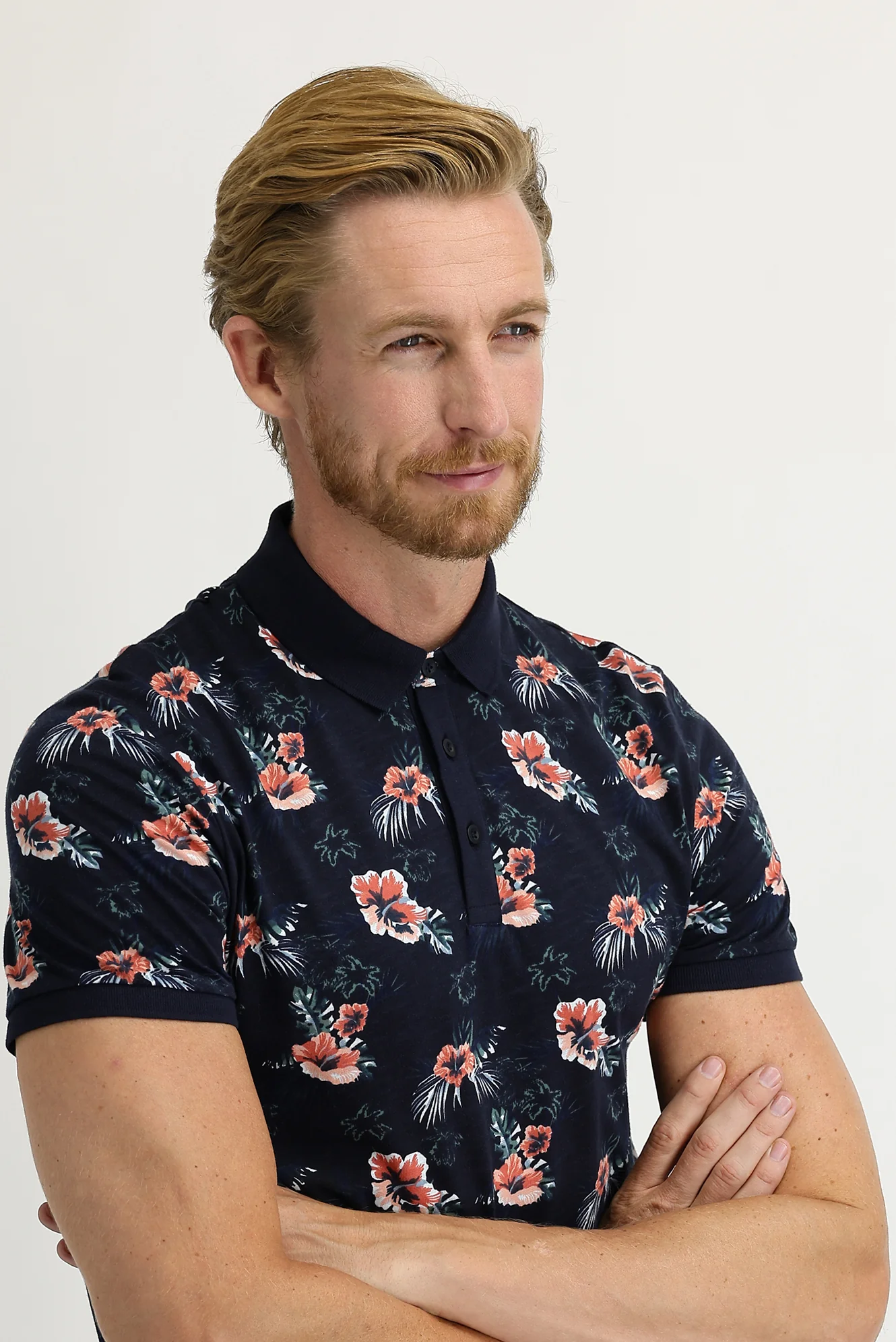 Orta Lacivert Polo Yaka Super Slim Fit Ekstra Dar Kesim Baskılı Pamuk Tişört