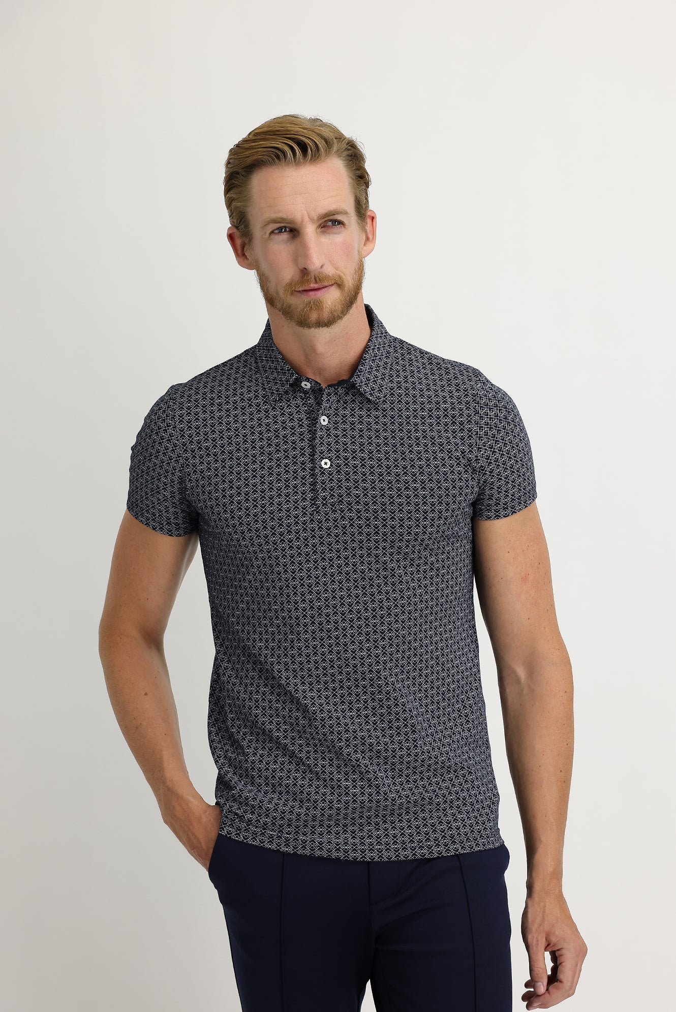 Orta Lacivert Polo Yaka Super Slim Fit Ekstra Dar Kesim Fit Baskılı Pamuk Tişört - Image 2
