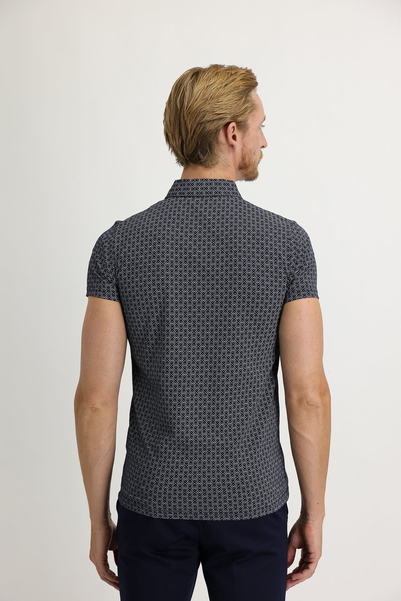 Orta Lacivert Polo Yaka Super Slim Fit Ekstra Dar Kesim Fit Baskılı Pamuk Tişört - Image 4