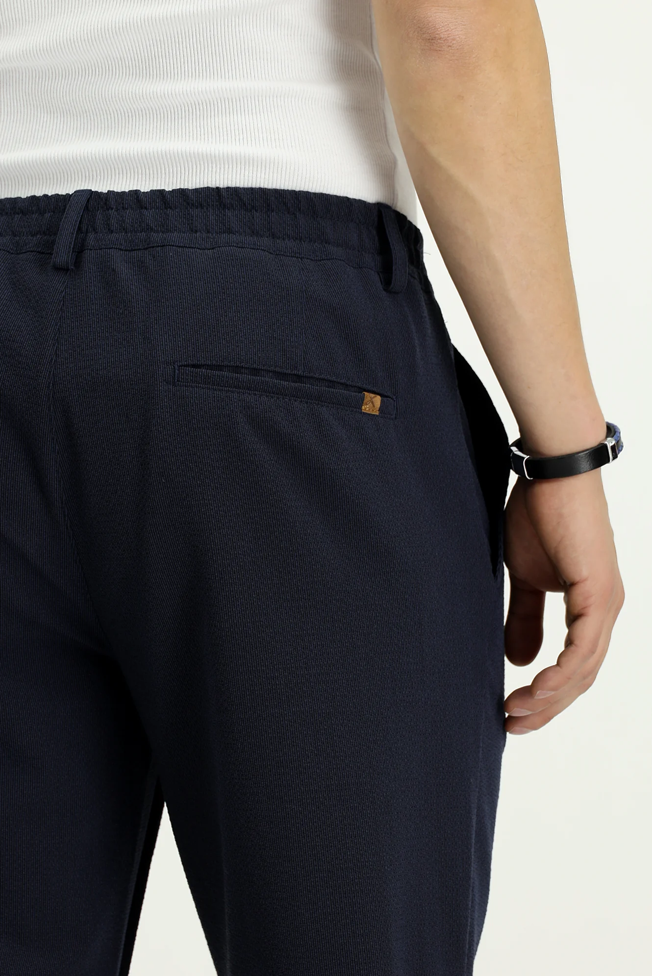 Orta Lacivert 6 Drop Regular Fit Standart Kesim Beli Lastikli İpli Çizgili Gofre Pileli Klasik Kumaş Pantolon - Image 6