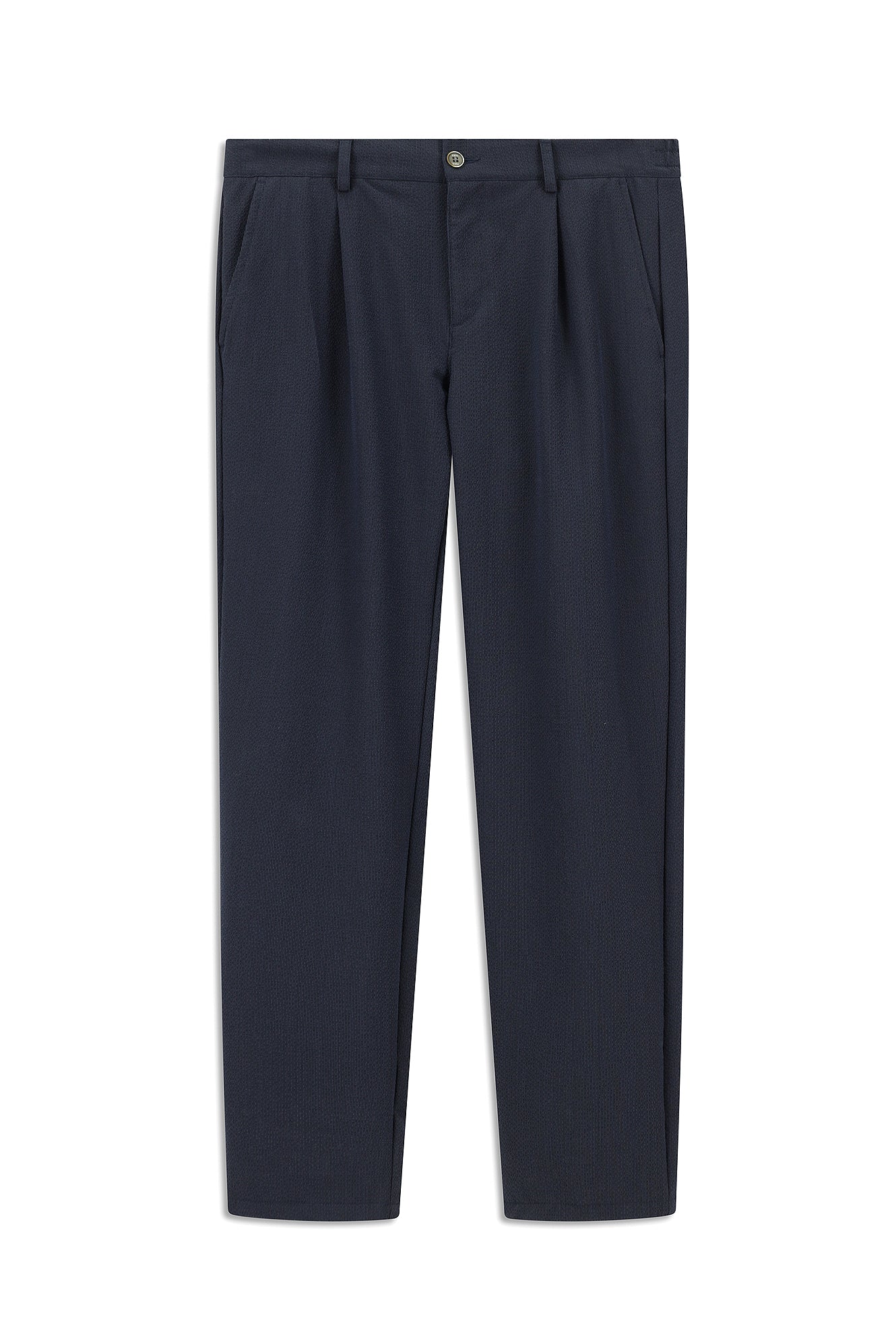 Orta Lacivert 6 Drop Regular Fit Standart Kesim Beli Lastikli İpli Çizgili Gofre Pileli Klasik Kumaş Pantolon - Image 7