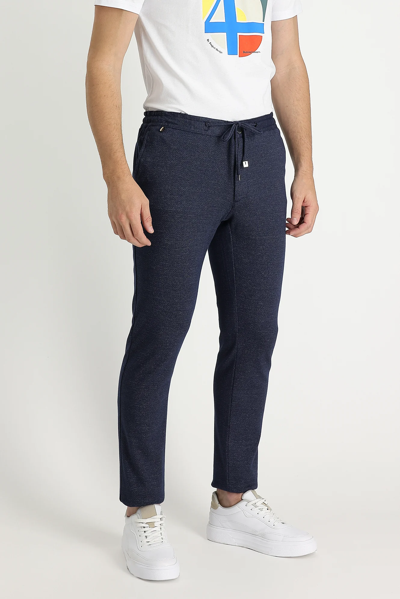 Orta Lacivert Regular Fit Standart Kesim Beli Lastikli İpli Desenli Pantolon - Image 2