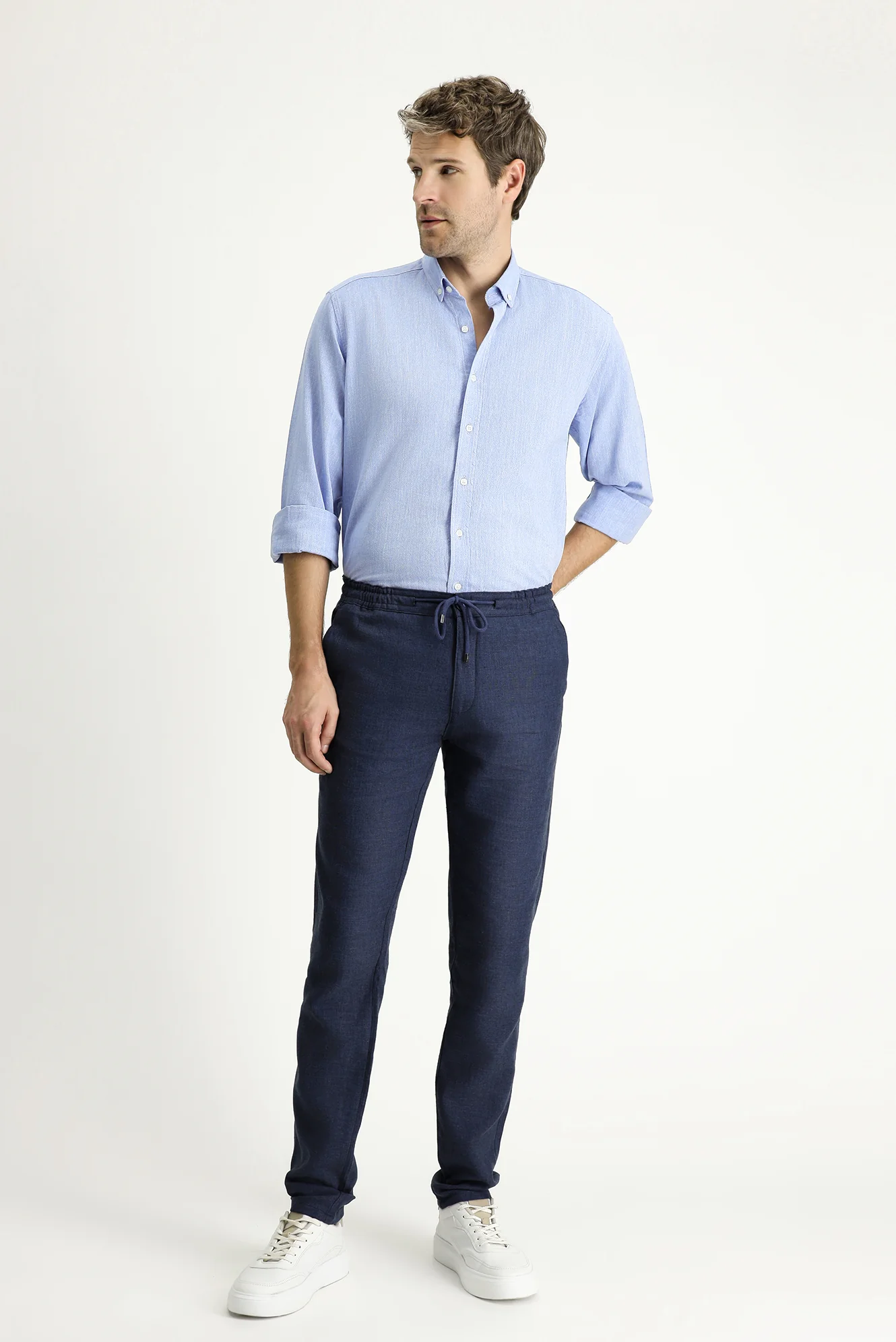 Orta Lacivert Regular Fit Standart Kesim Beli Lastikli İpli Keten Karışımlı Pantolon