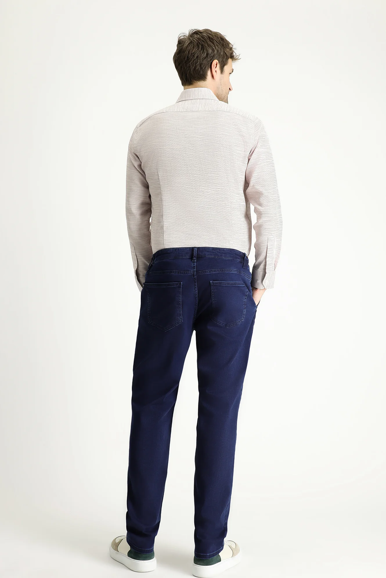 Orta Lacivert Regular Fit Standart Kesim Beli Lastikli Likralı Denim Look Pantolon - Image 4