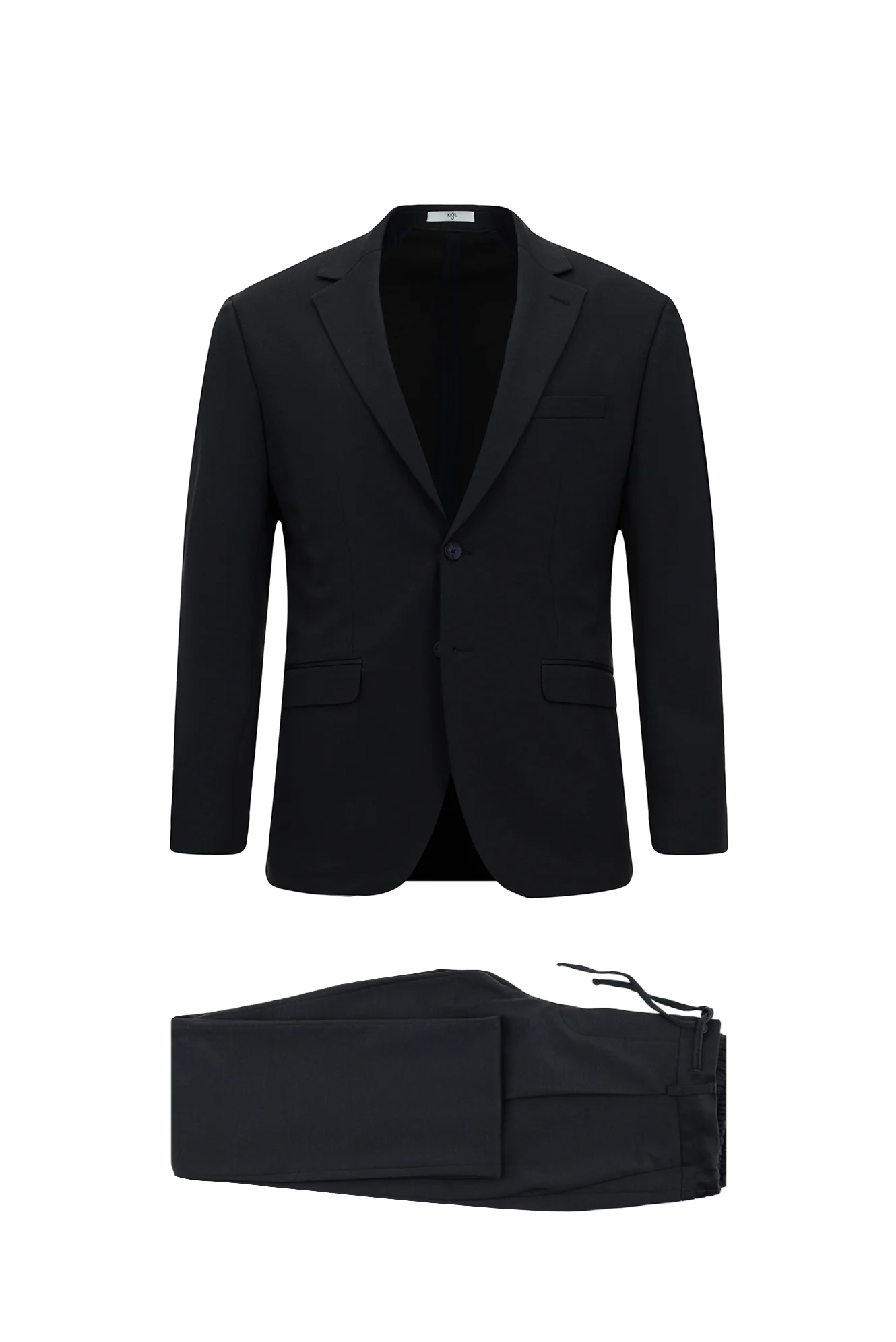 Orta Lacivert 8 Drop Long Slim Fit Uzun Dar Kesim Mono Yaka Beli Lastikli İpli Örme Likralı Esnek Çizgili Yarım Astar Takım Elbise