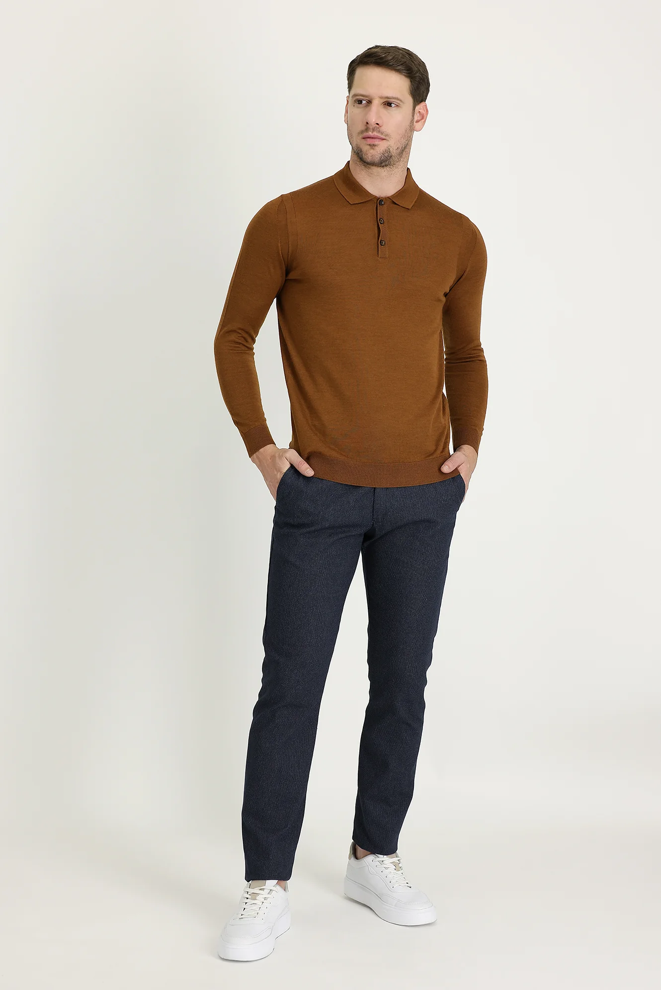 Orta Lacivert Regular Fit Standart Kesim Desenli Likralı Kanvas / Chino Pantolon