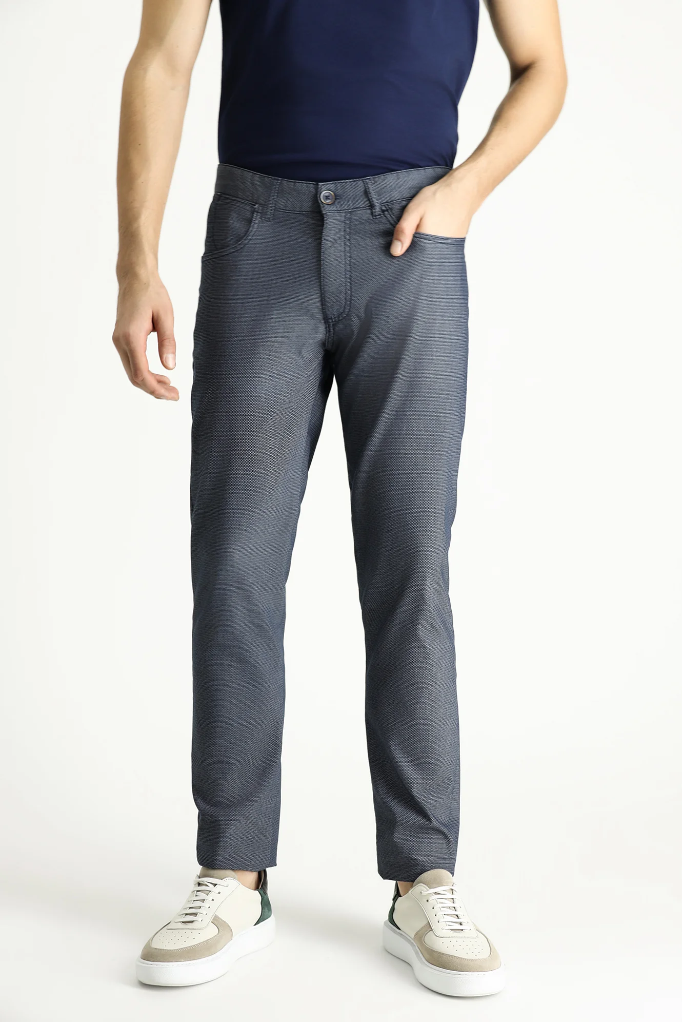 Orta Lacivert Regular Fit Standart Kesim Desenli Likralı Kanvas / Chino Pantolon - Image 3
