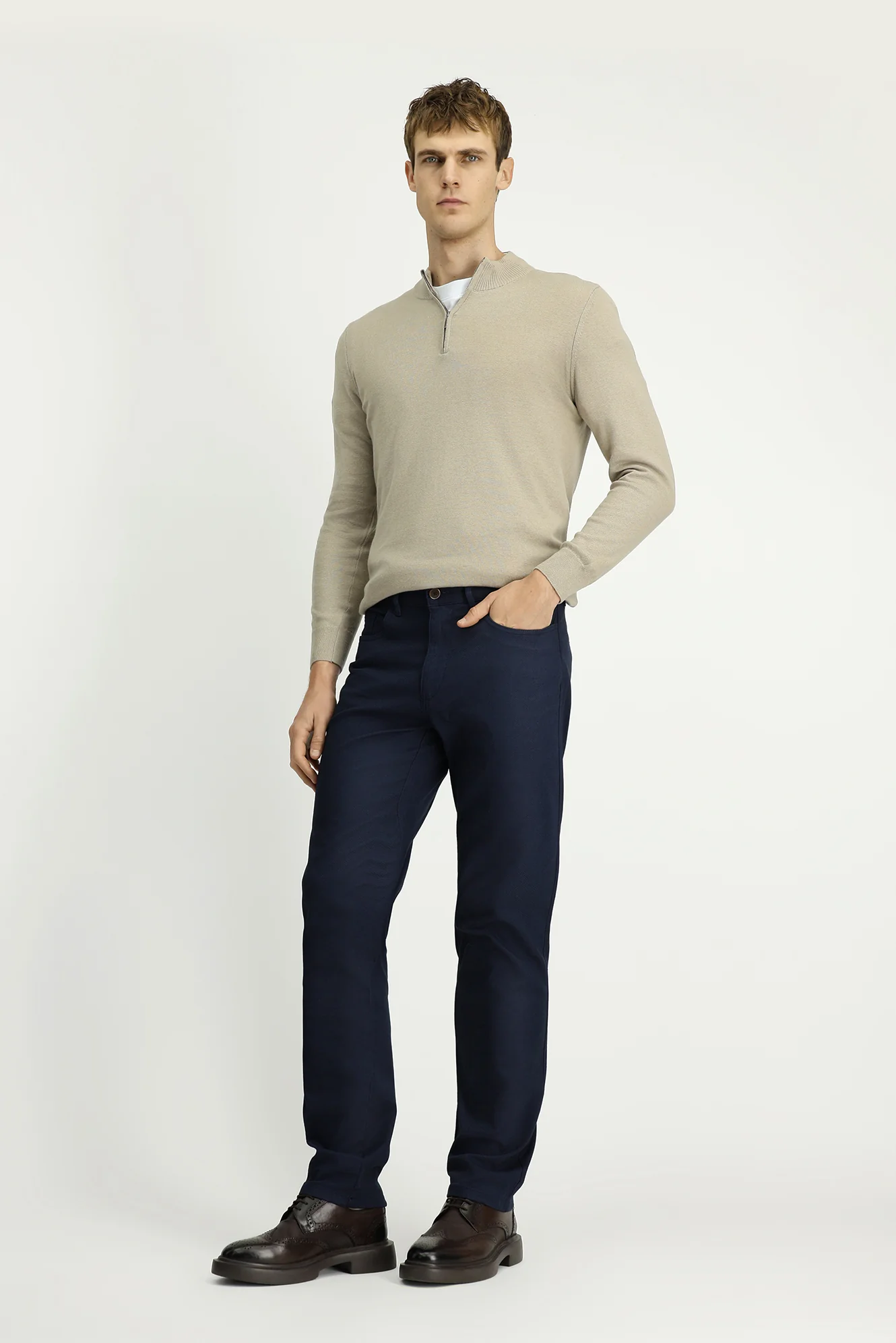 Orta Lacivert Regular Fit Standart Kesim Desenli Likralı Kanvas / Chino Pantolon - Image 2