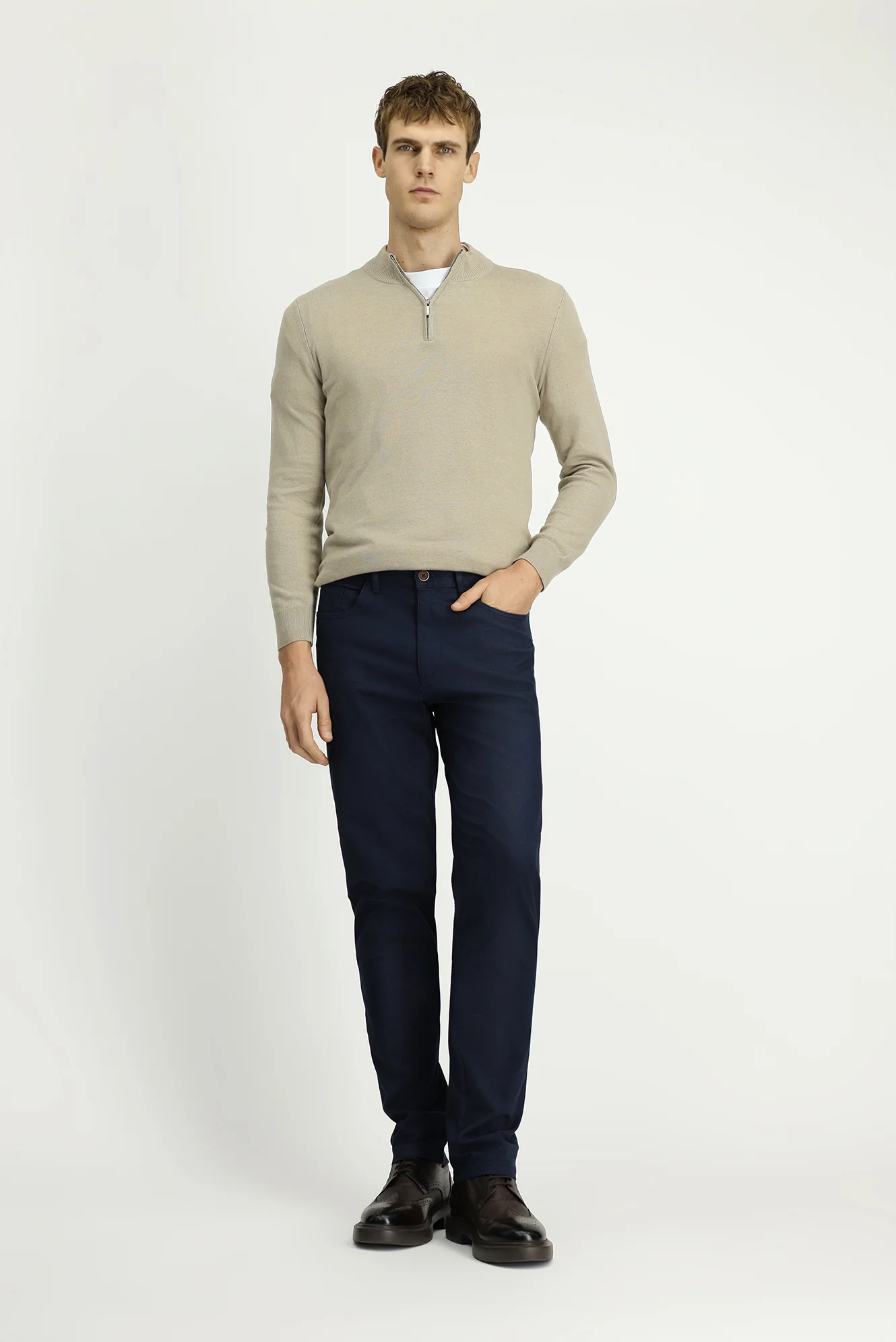 Orta Lacivert Regular Fit Standart Kesim Desenli Likralı Kanvas / Chino Pantolon - Image 3