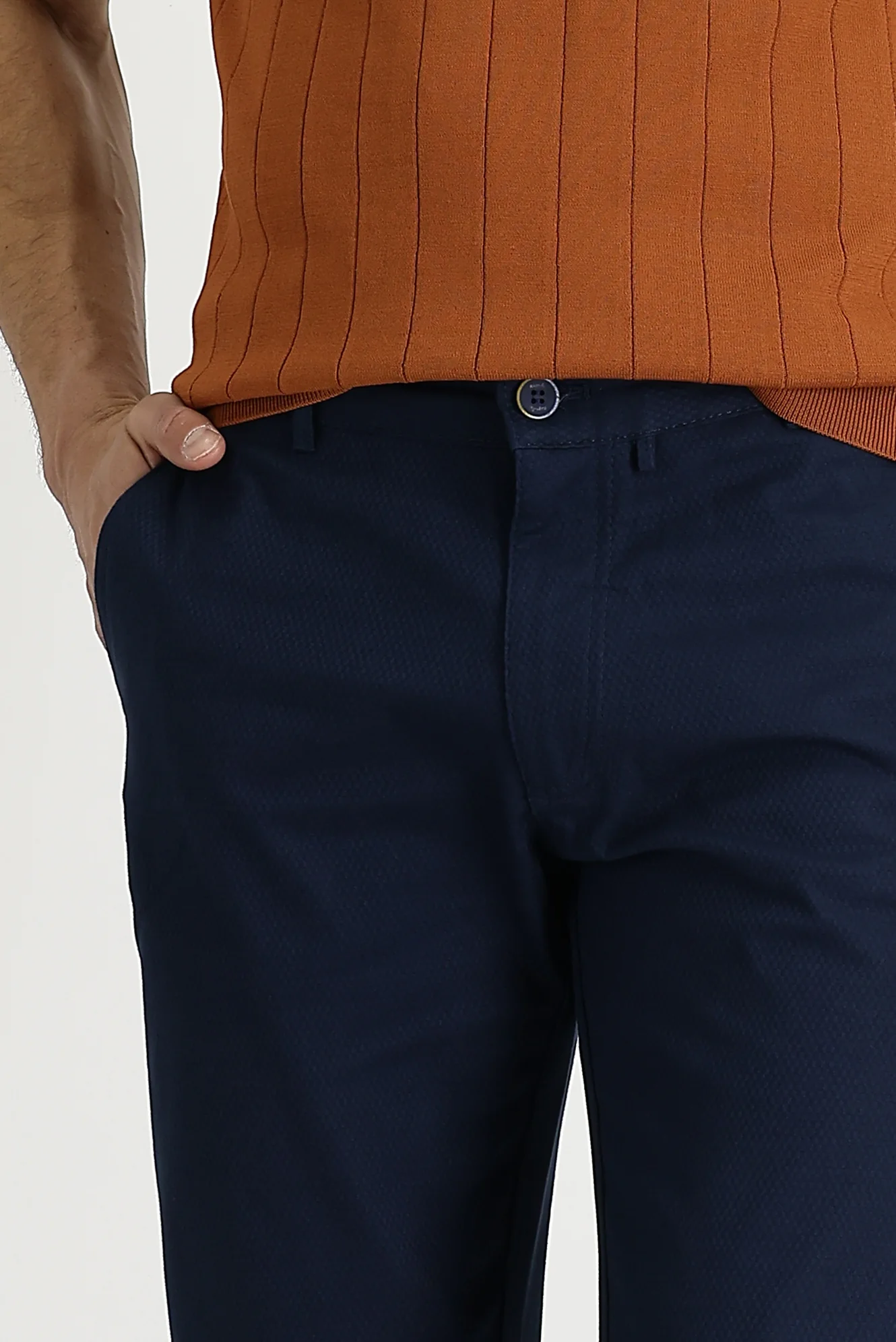 Orta Lacivert Regular Fit Standart Kesim Desenli Likralı Kanvas / Chino Pantolon - Image 3