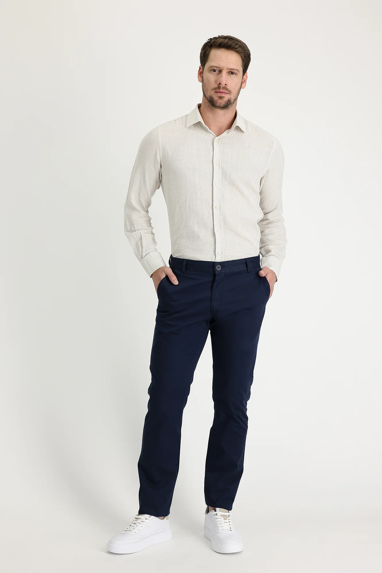 Orta Lacivert Regular Fit Standart Kesim Desenli Likralı Kanvas / Chino Pantolon - Image 2