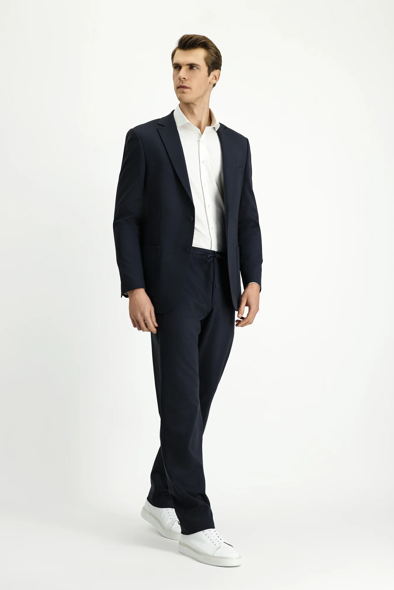 Orta Lacivert 6 Drop Regular Fit Standart Kesim Desenli Beli Lastikli İpli Takım Elbise - Image 3