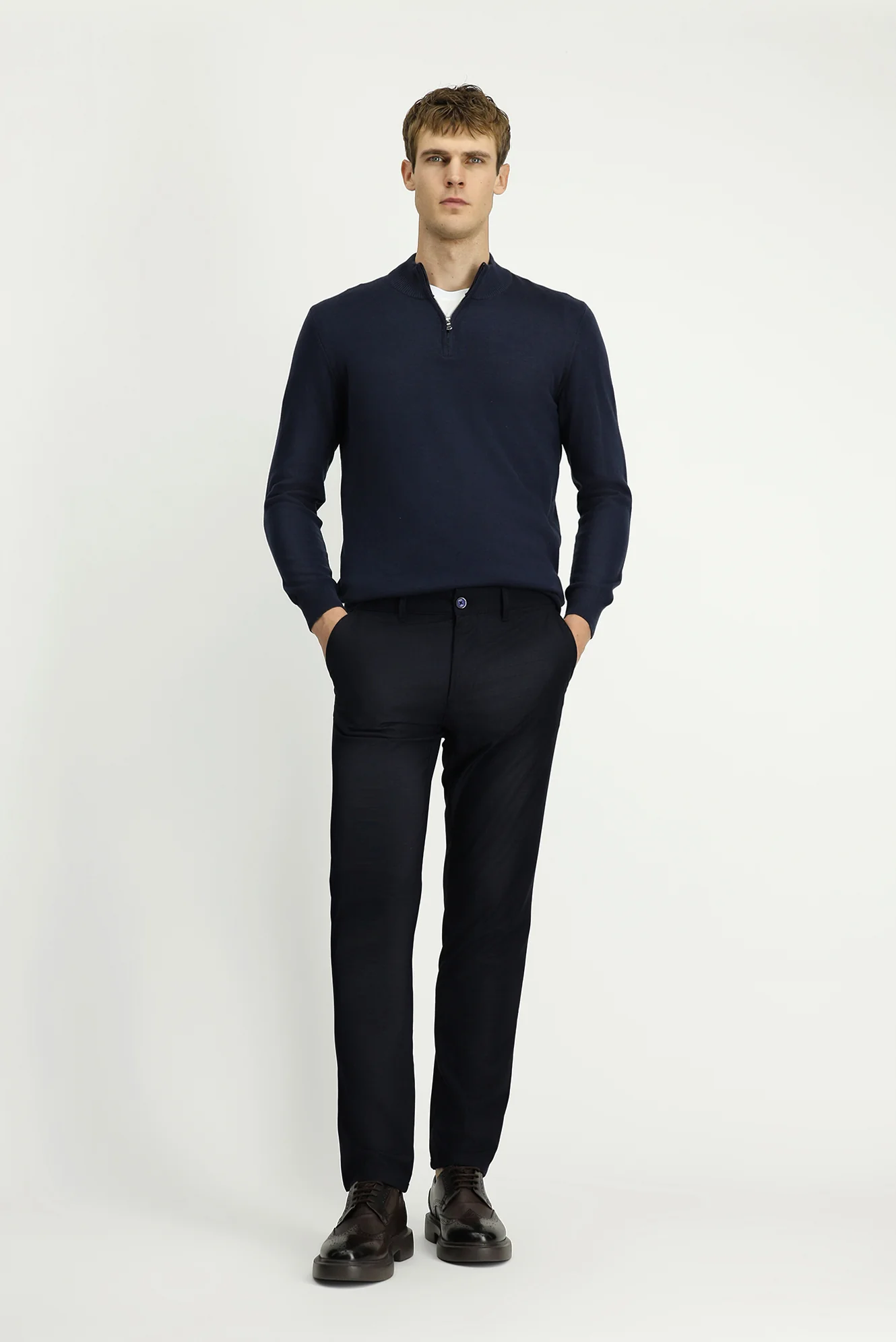 Orta Lacivert Regular Fit Standart Kesim Likralı Kanvas / Chino Pantolon