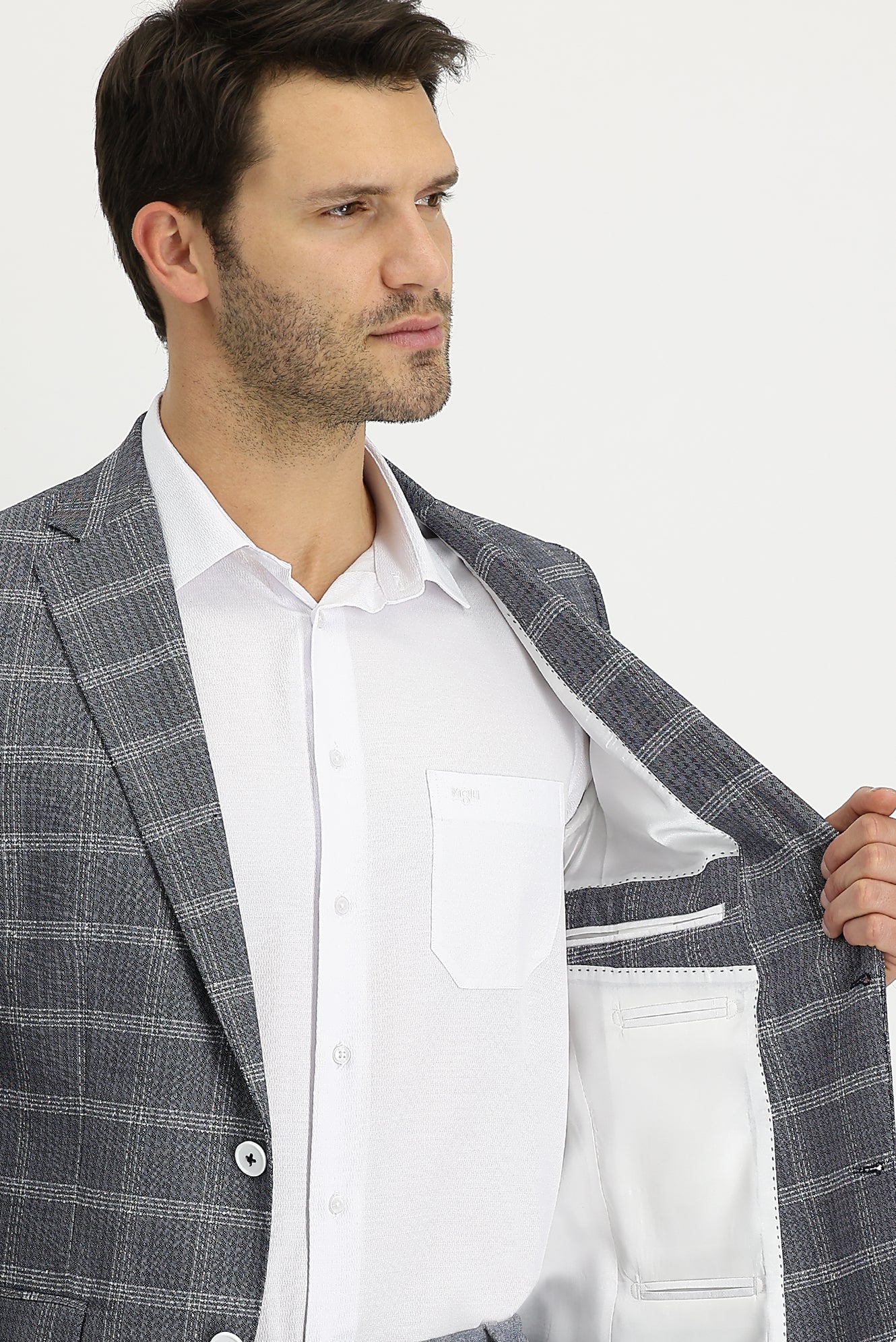 Orta Lacivert 6 Drop Regular Fit Standart Kesim Ekose Ceket - Image 3