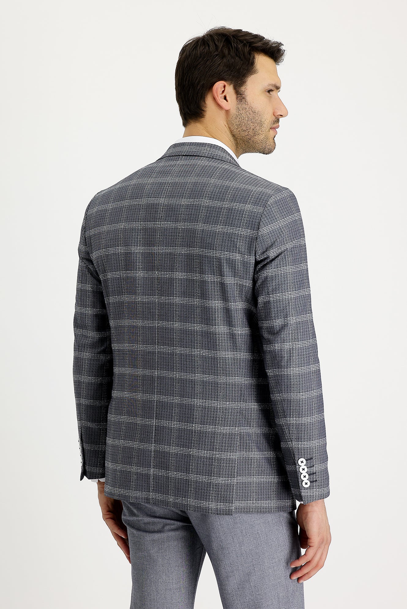 Orta Lacivert 6 Drop Regular Fit Standart Kesim Ekose Ceket - Image 4