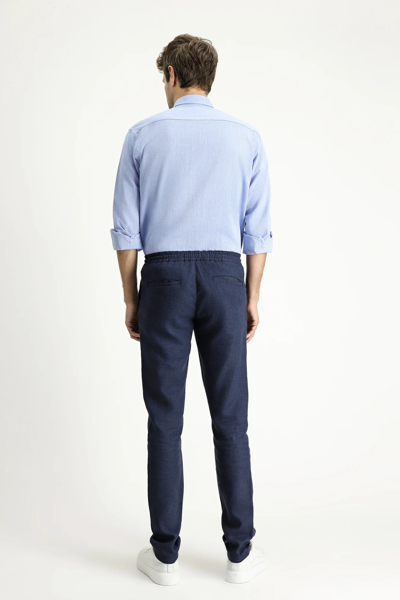 Orta Lacivert 6 Drop Regular Fit Standart Kesim Keten Beli Bağcıklı Chino/Kanvas Pantolon - Image 4