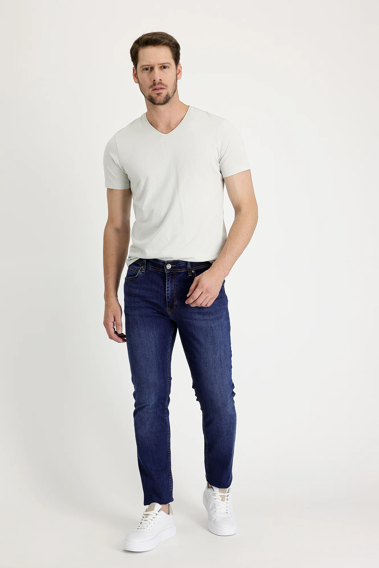 Orta Lacivert Regular Fit Standart Kesim Likralı Denim Pantolon