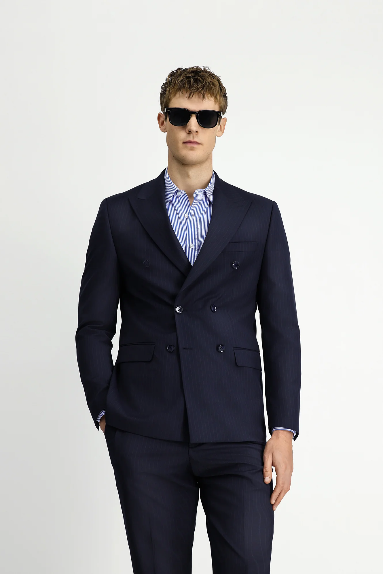 Orta Lacivert 6 Drop Regular Fit Standart Kesim Yünlü Çizgili Kruvaze Takım Elbise - Image 3