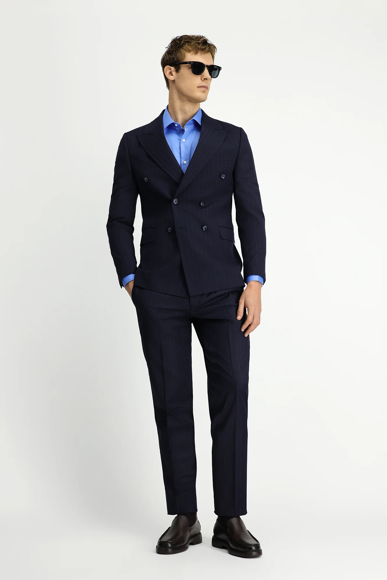 Orta Lacivert 6 Drop Regular Fit Standart Kesim Çizgili Yünlü Kruvaze Takım Elbise - Image 2