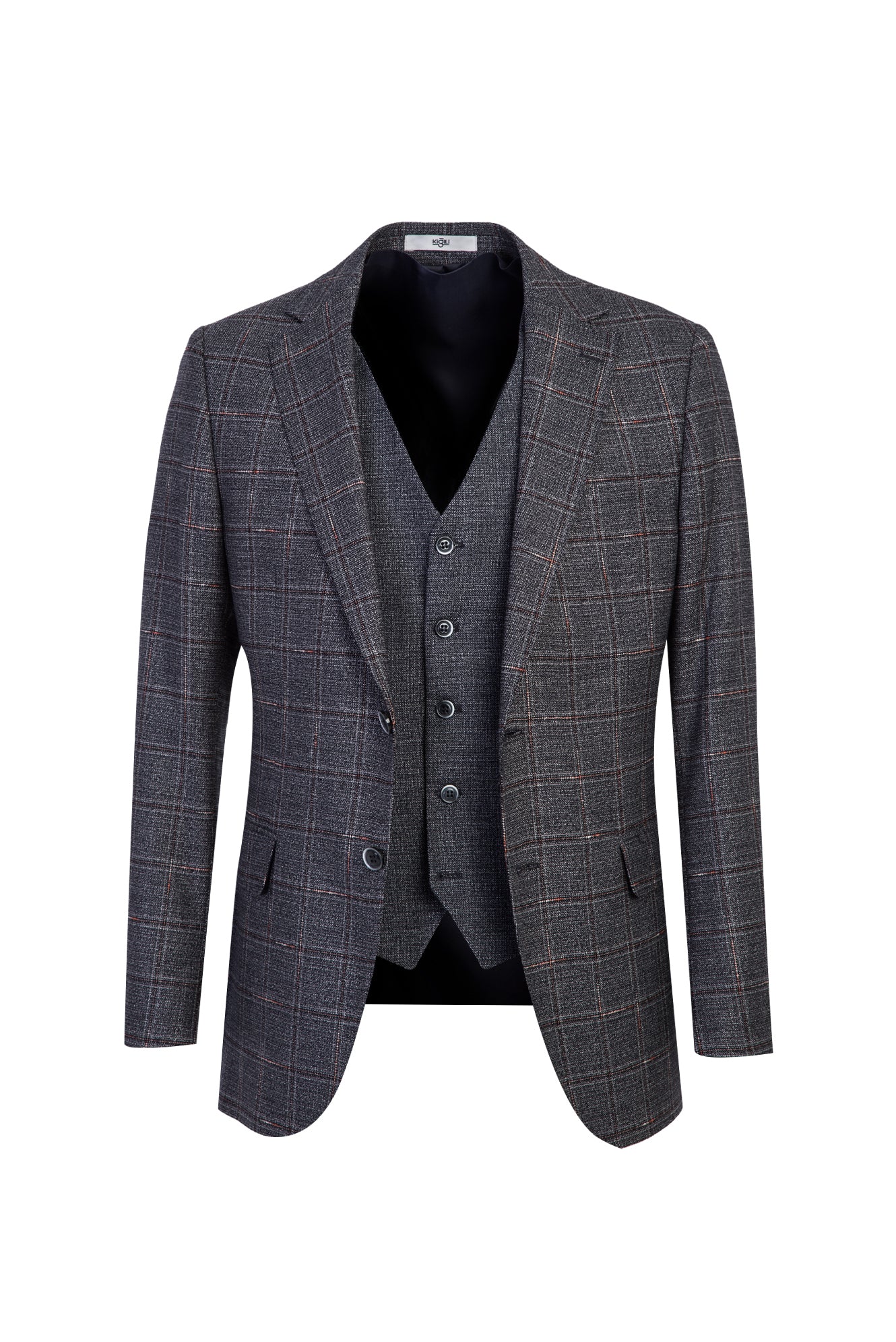 Orta Lacivert 6 Drop Regular Fit Standart Kesim Yelekli Kombinli Kareli Takım Elbise - Image 2