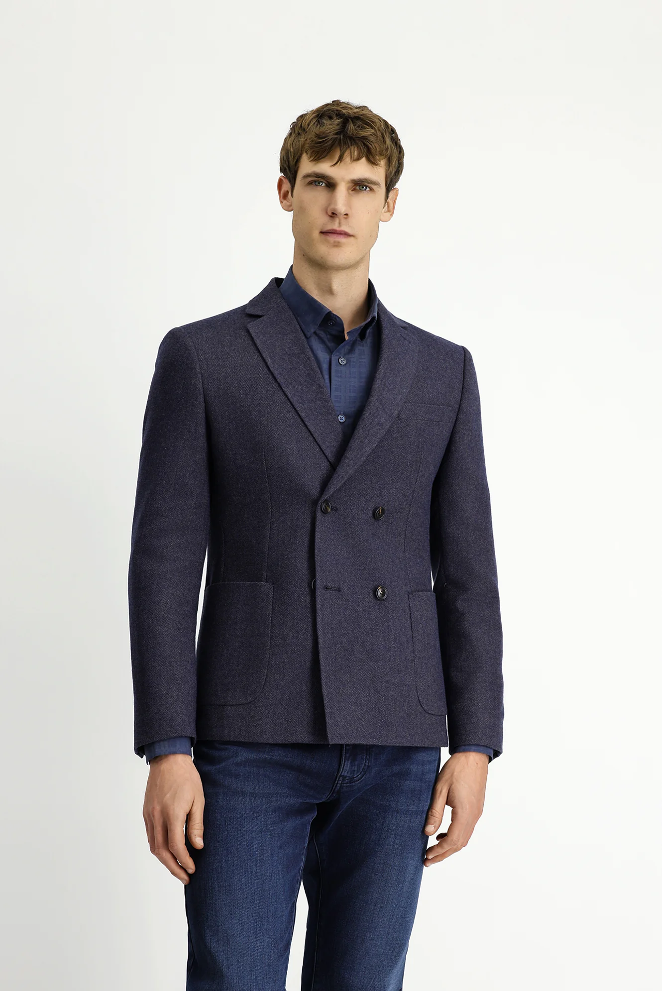 Orta Lacivert 6 Drop Regular Fit Standart Kesim Yünlü Desenli Kruvaze Ceket