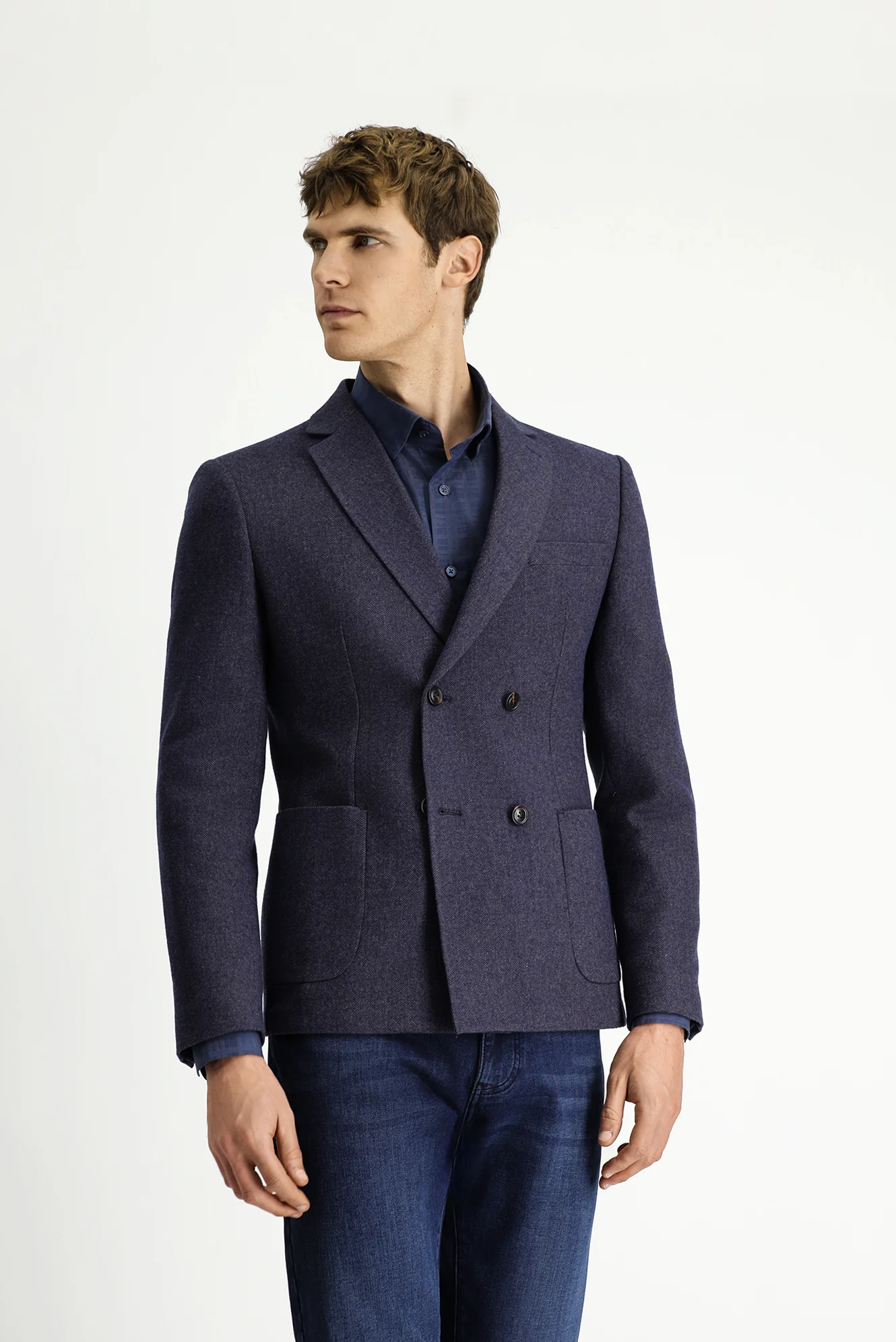 Orta Lacivert 6 Drop Regular Fit Standart Kesim Yünlü Desenli Kruvaze Ceket - Image 4