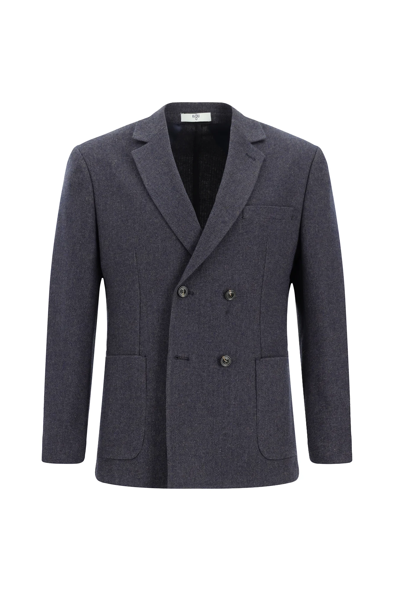 Orta Lacivert 6 Drop Regular Fit Standart Kesim Yünlü Desenli Kruvaze Ceket - Image 7