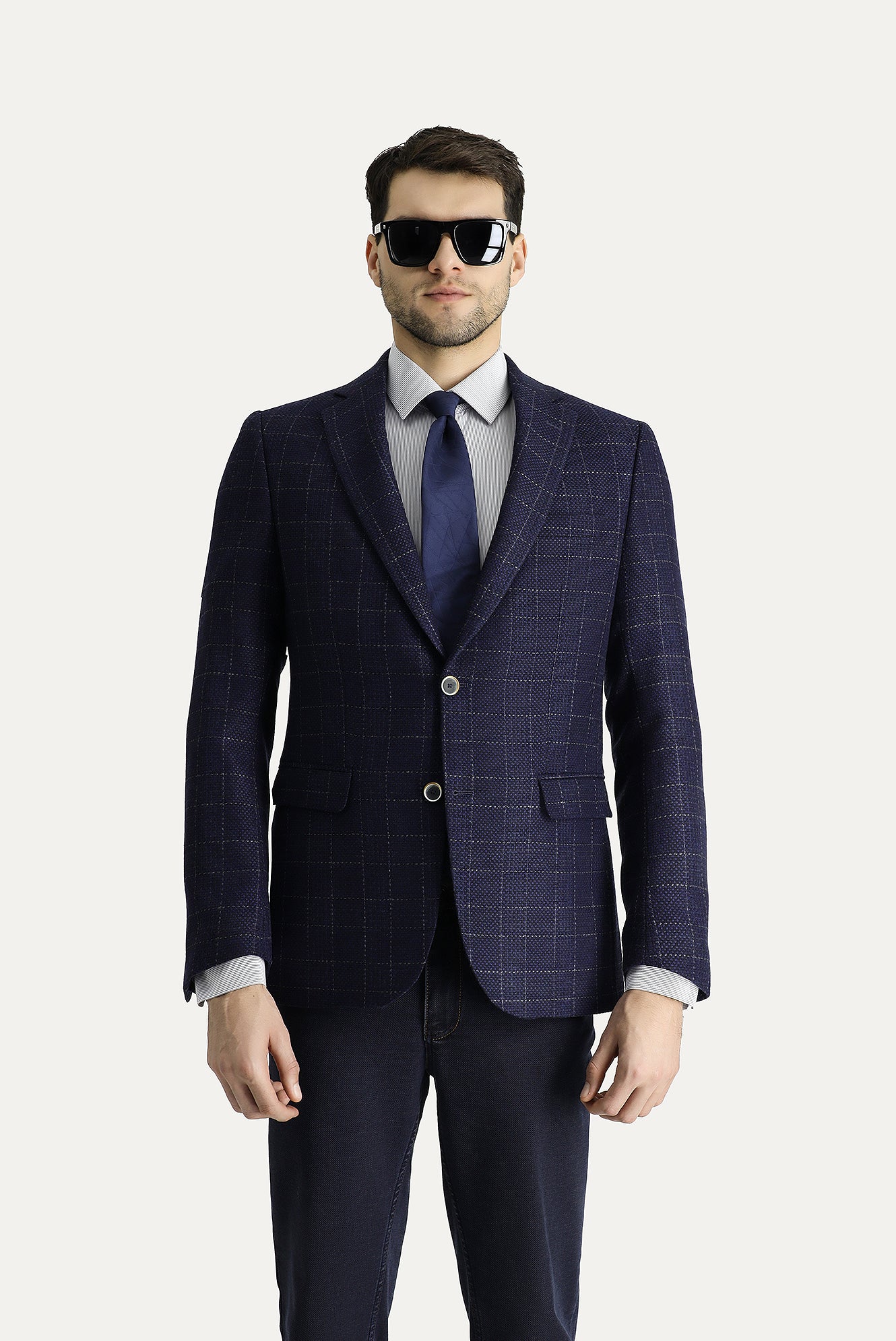 Orta Lacivert 6 Drop Regular Fit Standart Kesim Yünlü Kareli Ceket - Image 3