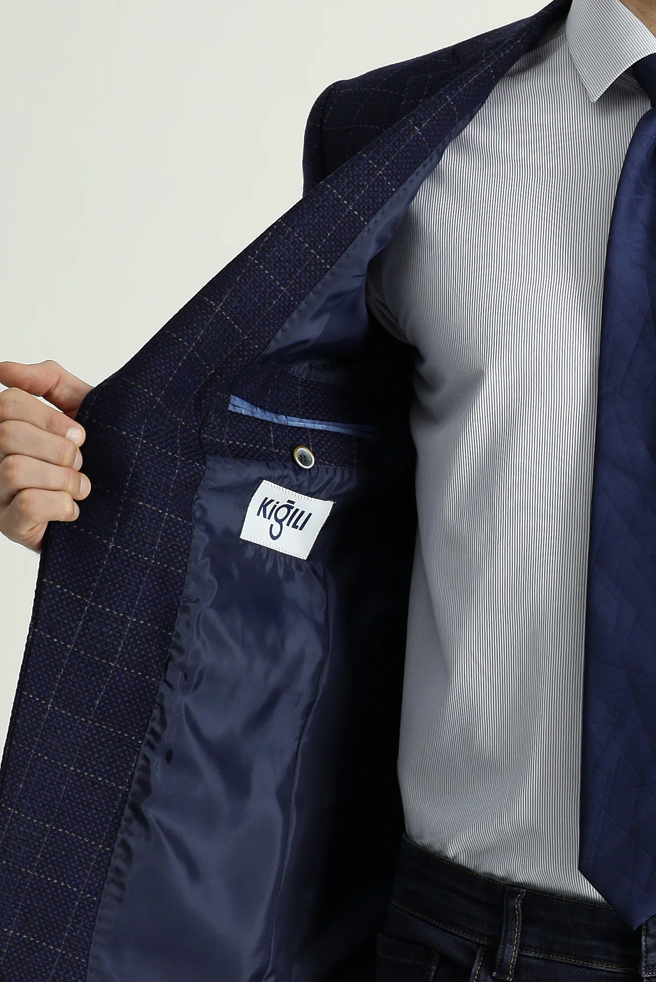 Orta Lacivert 6 Drop Regular Fit Standart Kesim Yünlü Kareli Ceket - Image 5
