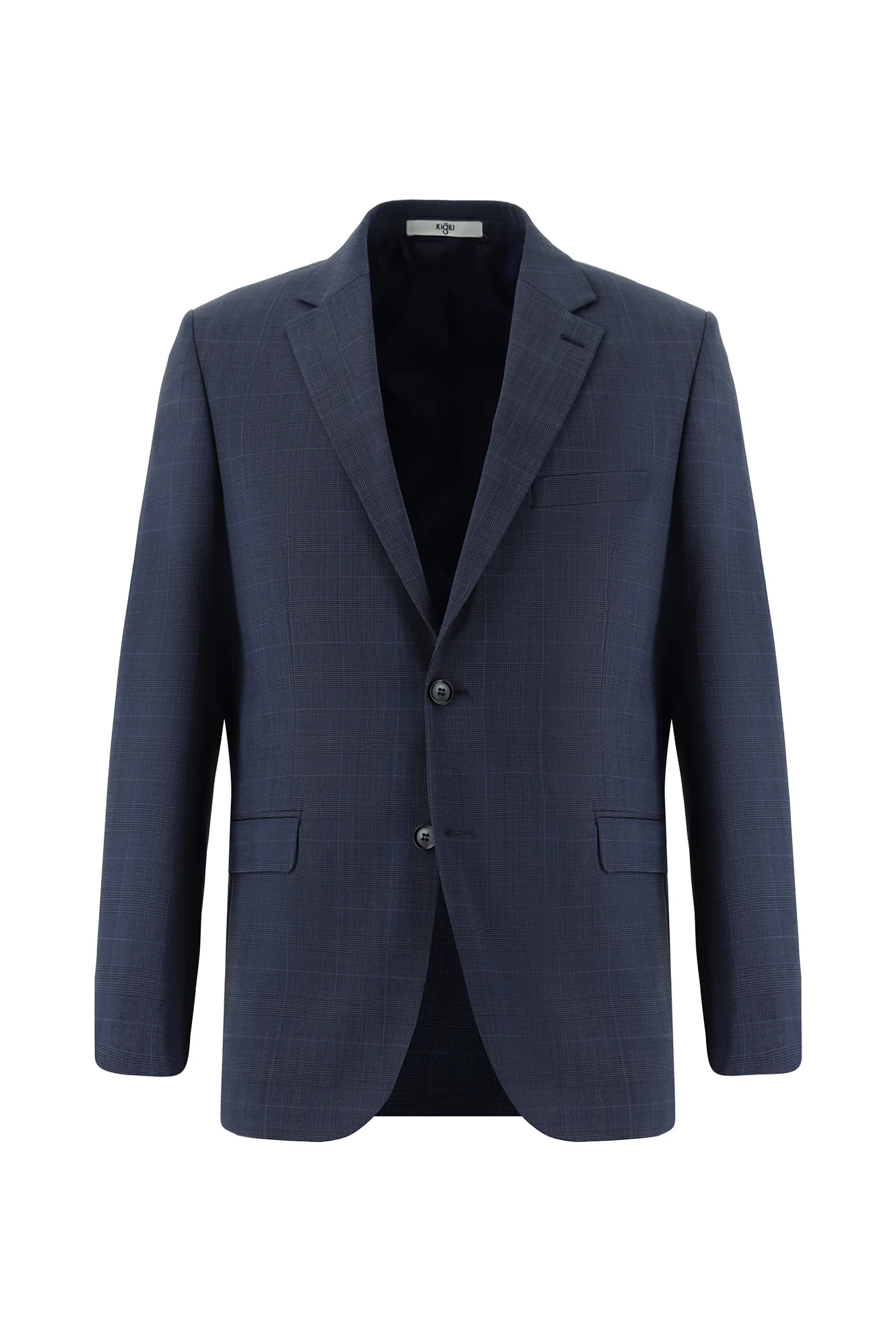 Orta Lacivert 6 Drop Regular Fit Standart Kesim Yünlü Ekose Takım Elbise - Image 2
