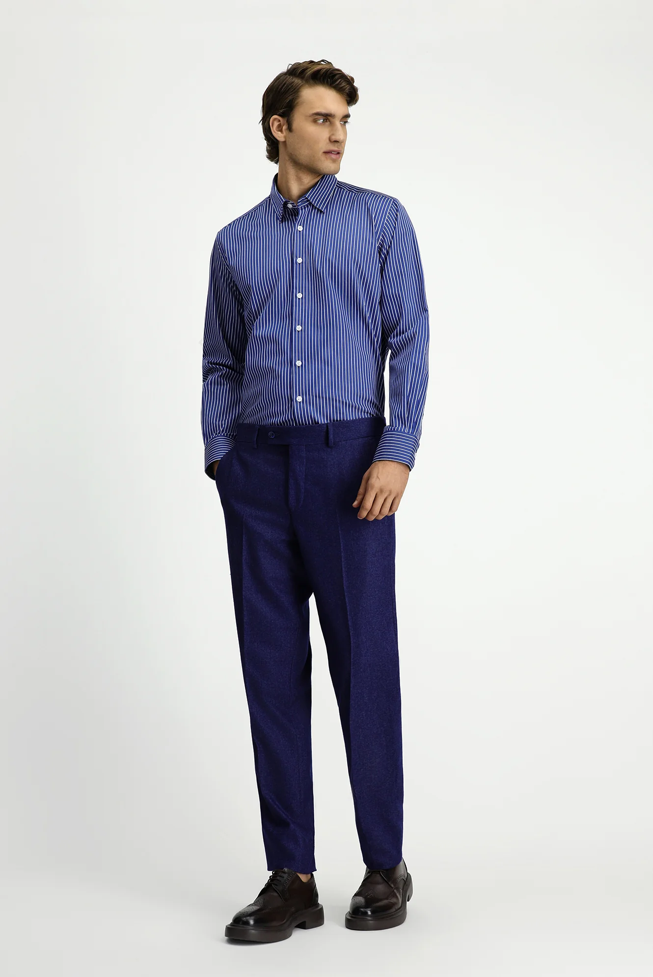 Orta Lacivert 6 Drop Regular Fit Standart Kesim Yünlü Pileli Flanel Klasik Kumaş Pantolon