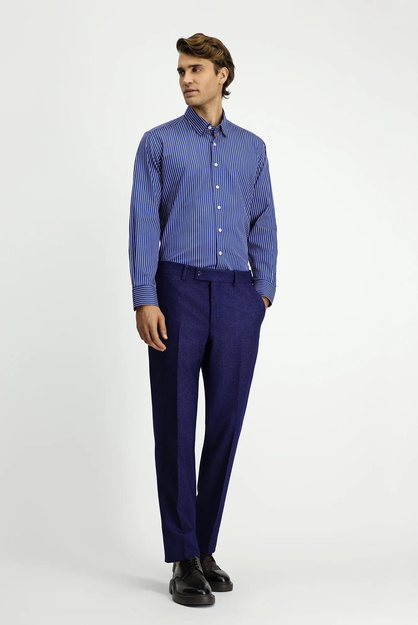 Orta Lacivert 6 Drop Regular Fit Standart Kesim Yünlü Pileli Flanel Klasik Kumaş Pantolon - Image 2