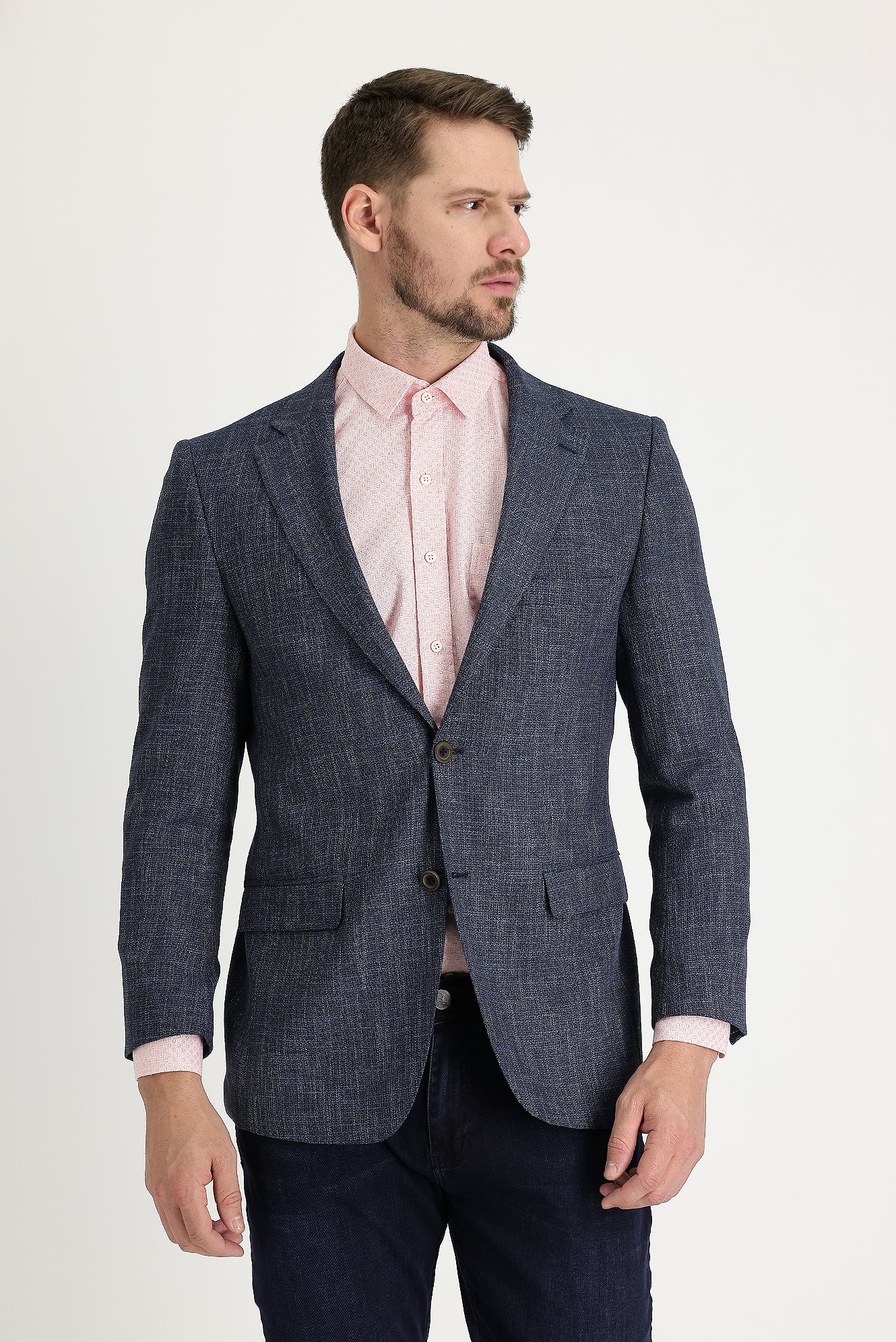 Orta Lacivert 4 Drop Relaxed Fit Rahat Kesim Desenli Ceket - Image 2