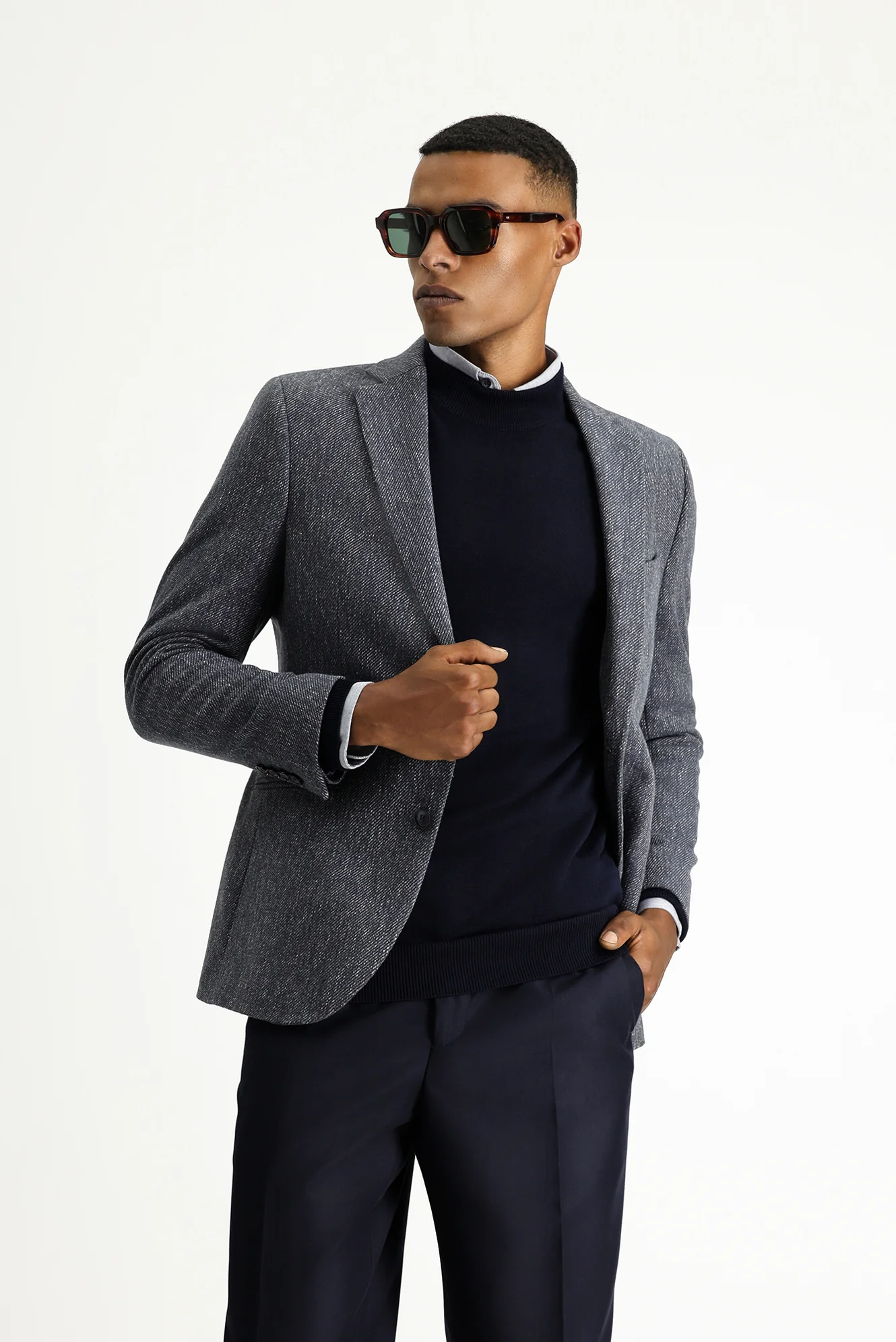 Orta Lacivert 4 Drop Relaxed Fit Rahat Kesim Yünlü Klasik Desenli Ceket - Image 2