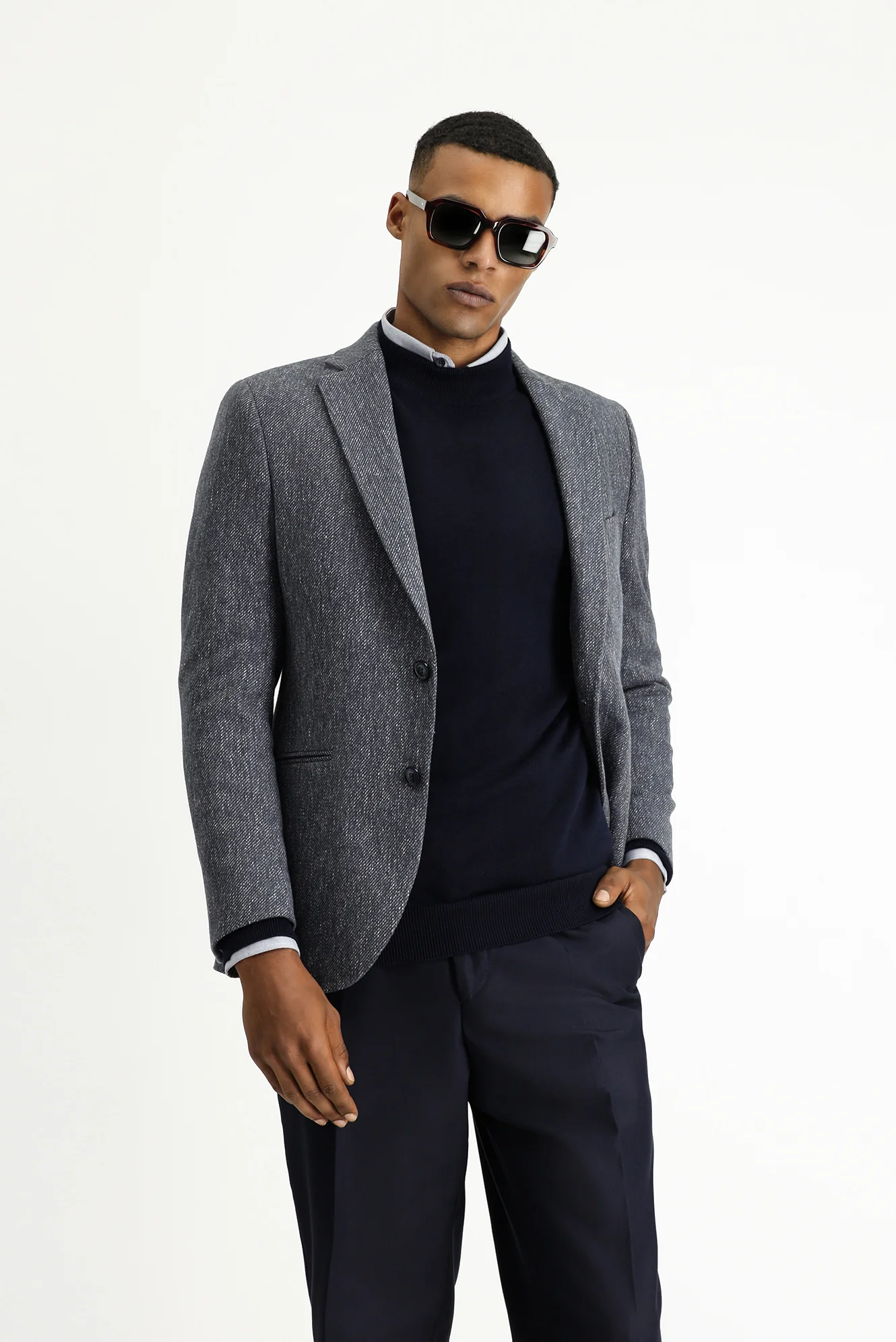 Orta Lacivert 4 Drop Relaxed Fit Rahat Kesim Yünlü Klasik Desenli Ceket - Image 3