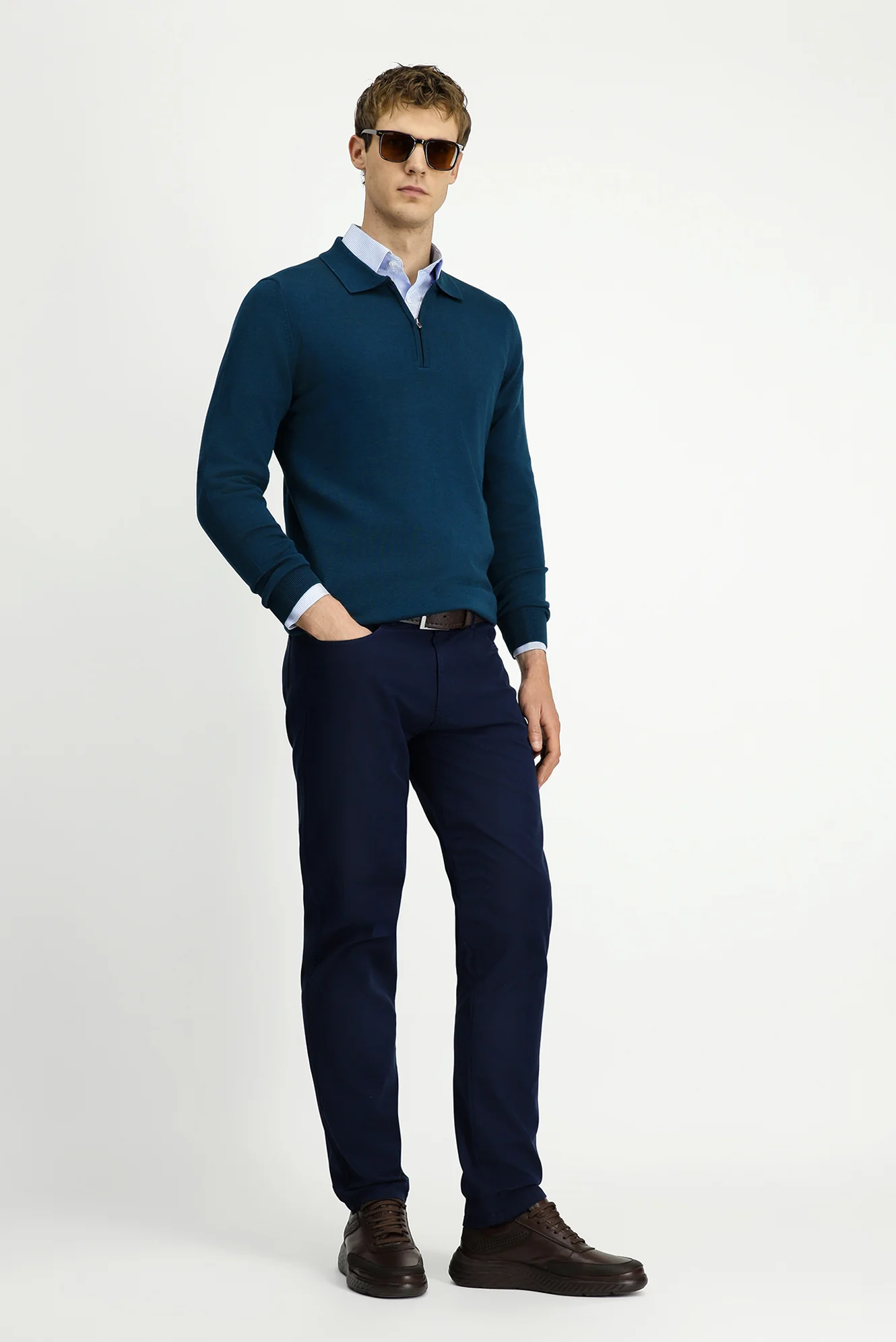 Orta Lacivert Slim Fit Dar Kesim Likralı Kanvas / Chino Pantolon - Image 2