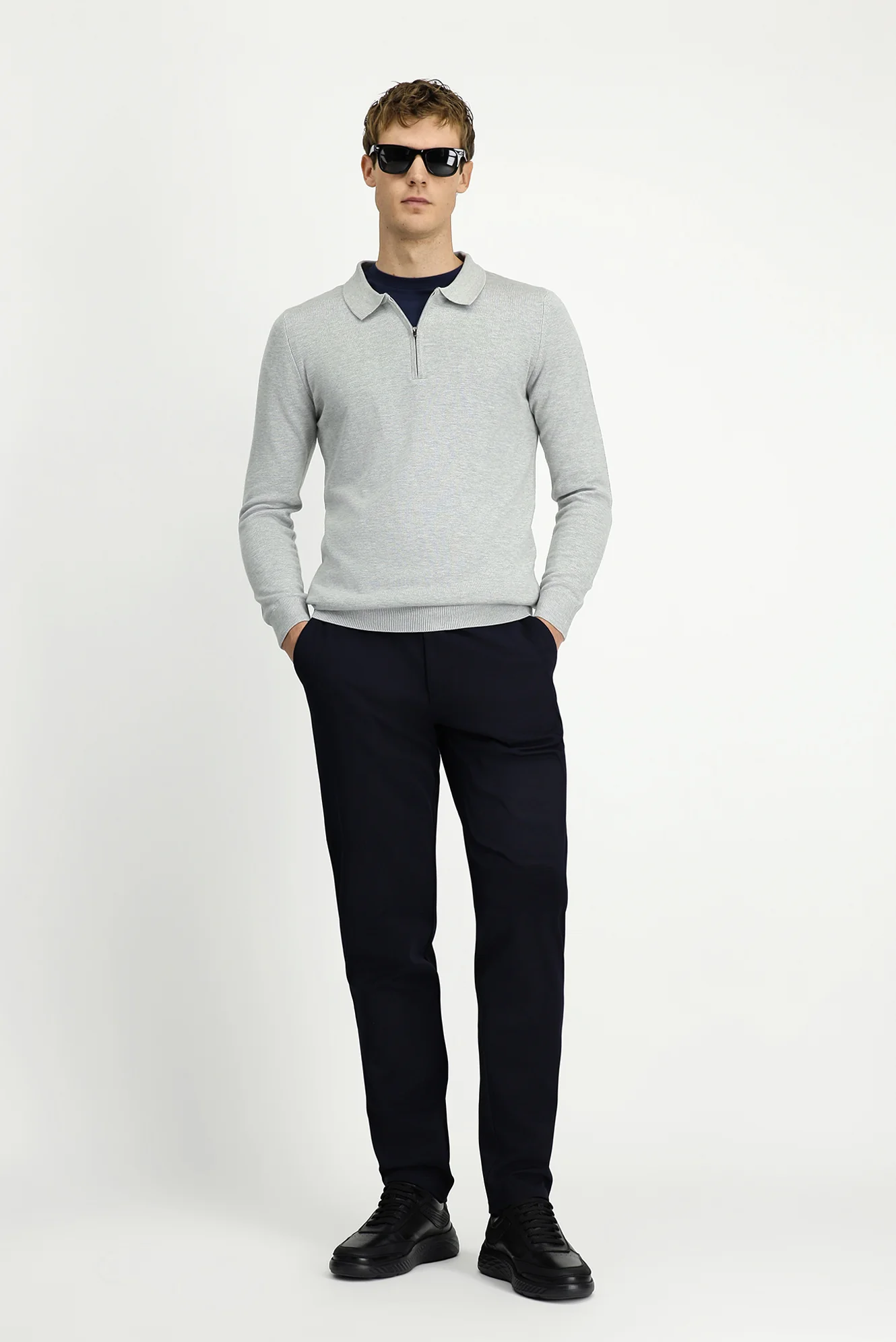 Orta Lacivert Slim Fit Dar Kesim Beli Lastikli Pamuklu Kanvas / Chino Pantolon