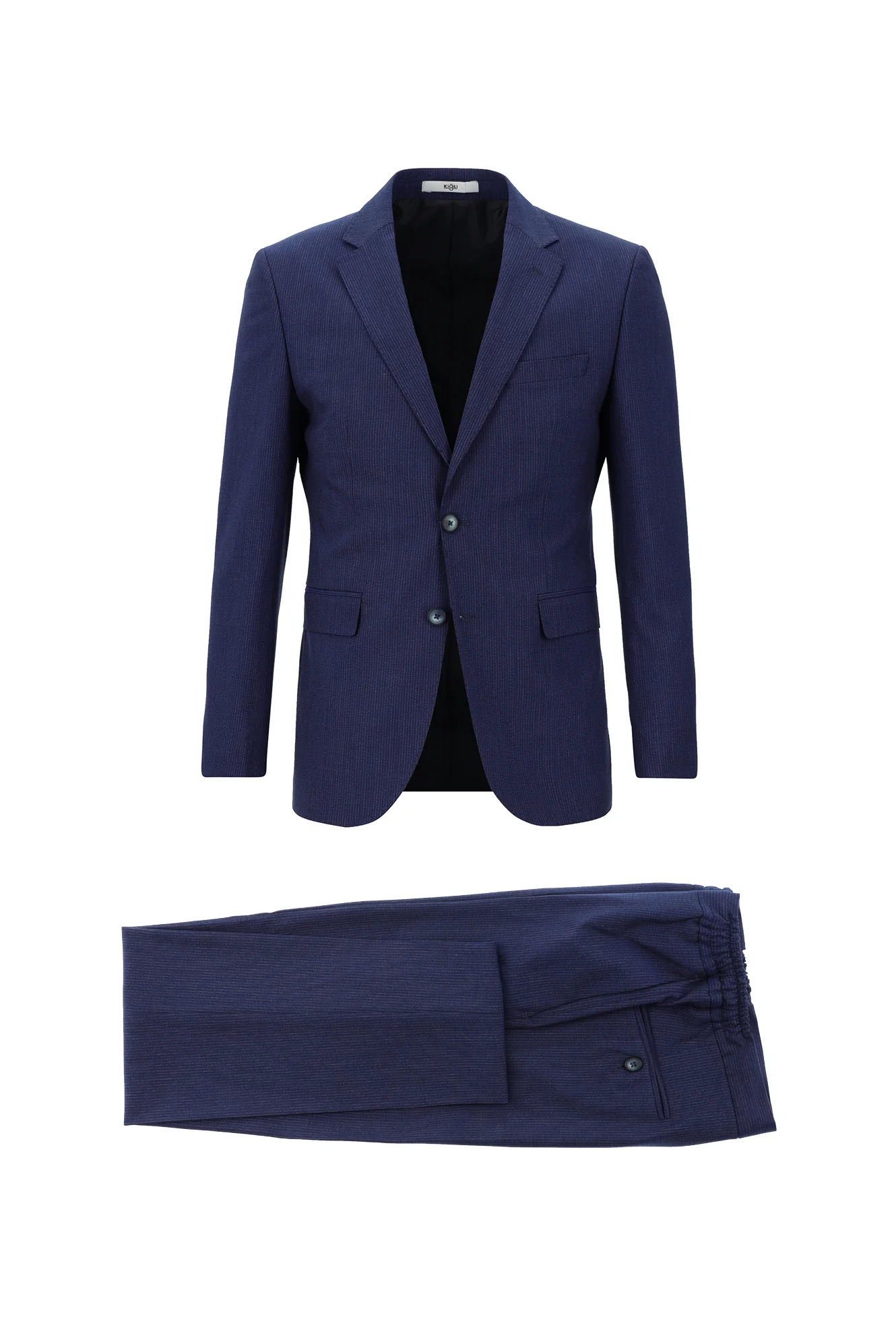 Orta Lacivert 7 Drop Slim Fit Dar Kesim Beli Lastikli İpli Çizgili Takım Elbise
