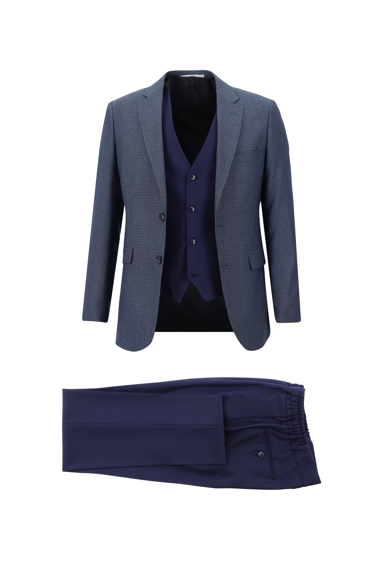 Orta Lacivert 7 Drop Slim Fit Dar Kesim Beli Lastikli İpli Kombinli Yelekli Takım Elbise