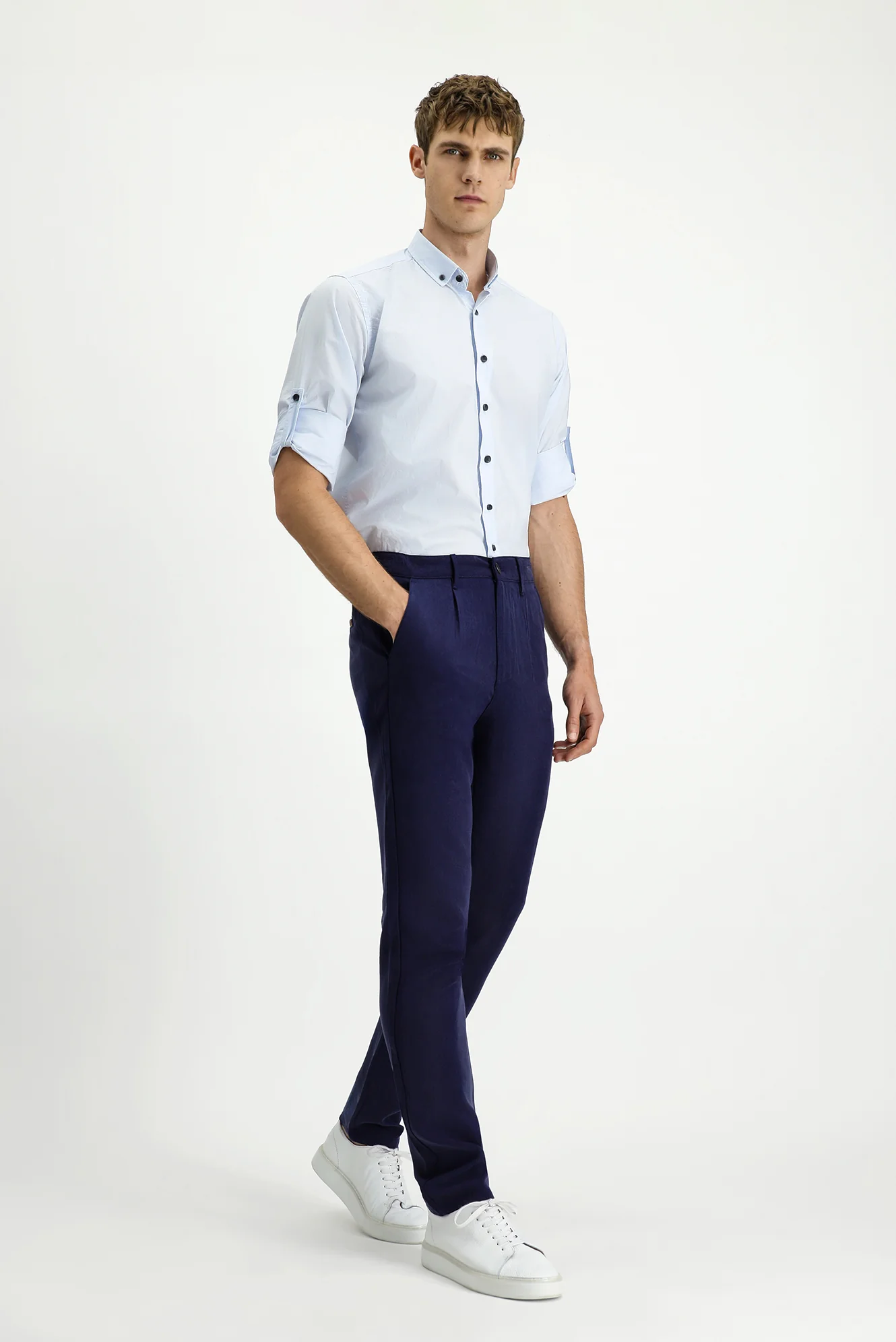 Orta Lacivert Slim Fit Dar Kesim Beli Lastikli Lyocell Kanvas / Chino Pantolon - Image 3