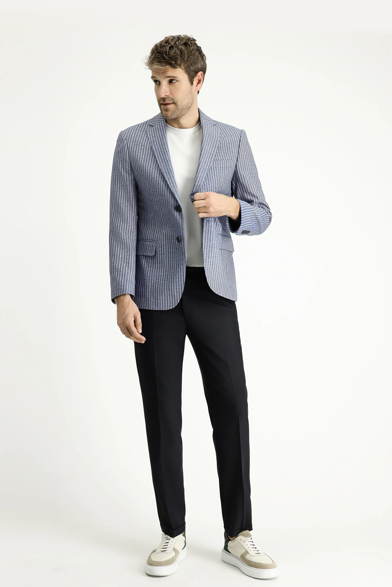 Orta Lacivert 7 Drop Slim Fit Dar Kesim Çizgili Keten Karışımlı Ceket - Image 2