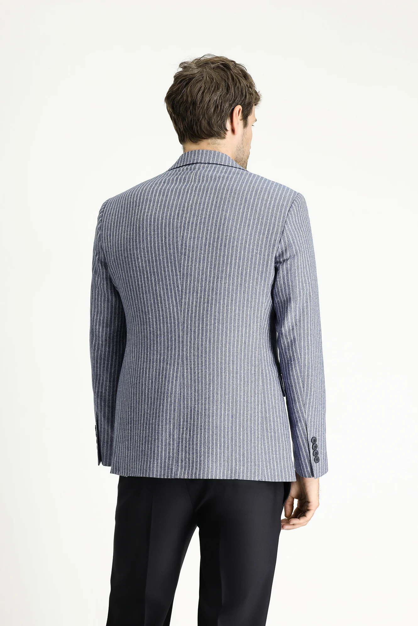 Orta Lacivert 7 Drop Slim Fit Dar Kesim Çizgili Keten Karışımlı Ceket - Image 3