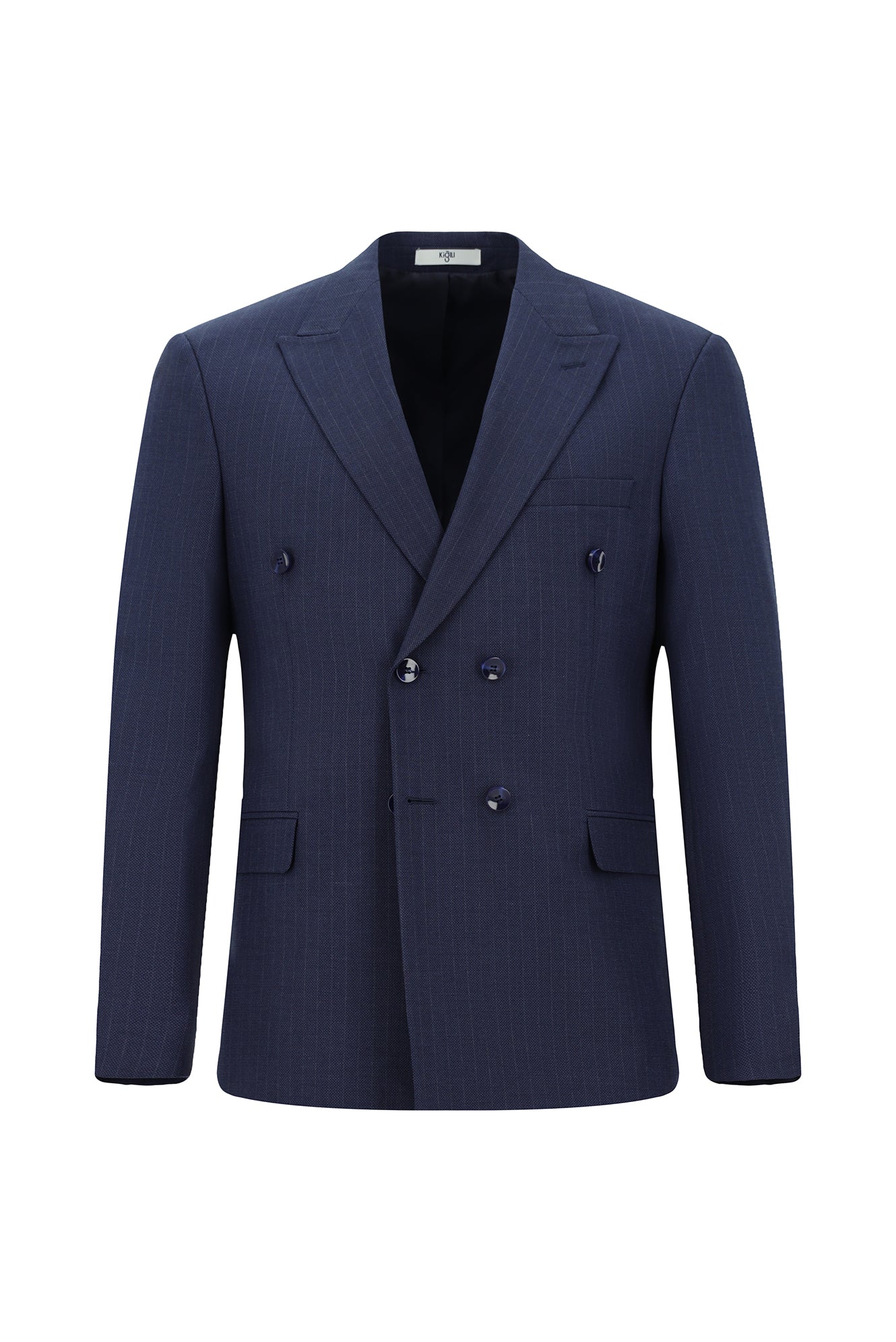 Orta Lacivert 7 Drop Slim Fit Dar Kesim Çizgili Kruvaze Takım Elbise - Image 2