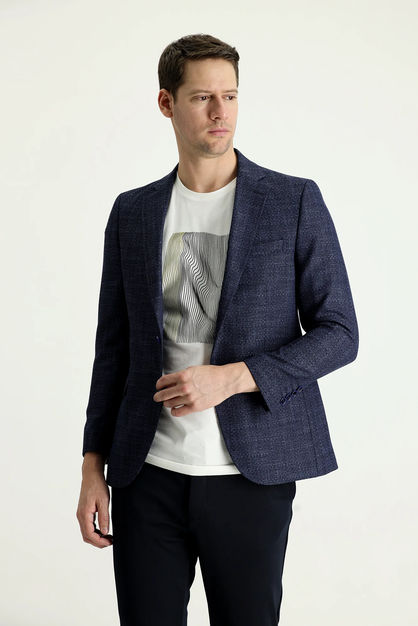 Orta Lacivert 7 Drop Slim Fit Dar Kesim Desenli Keten Karışımlı Ceket