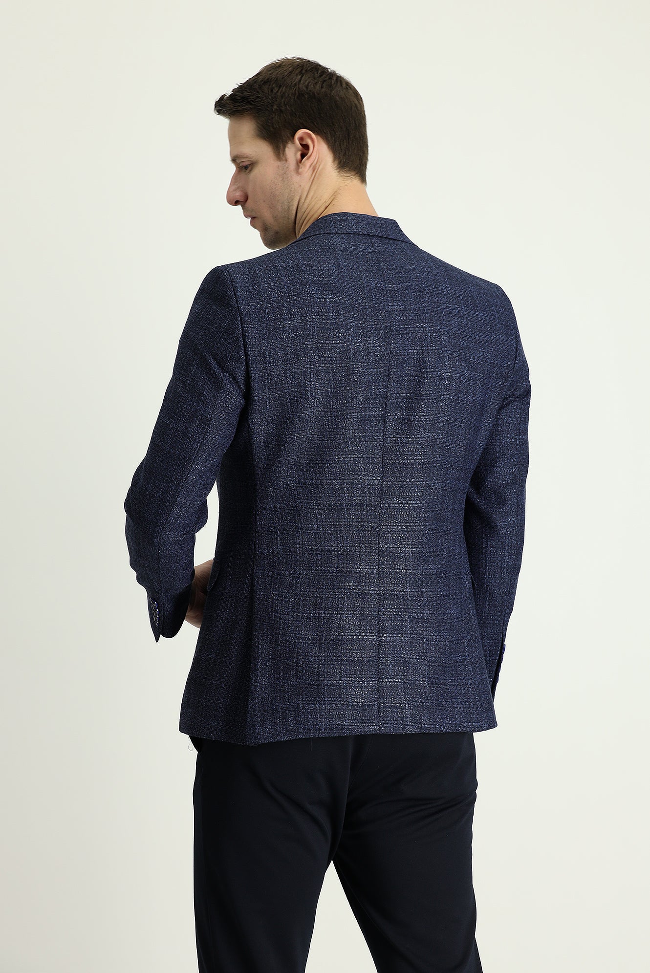 Orta Lacivert 7 Drop Slim Fit Dar Kesim Desenli Keten Karışımlı Ceket - Image 3