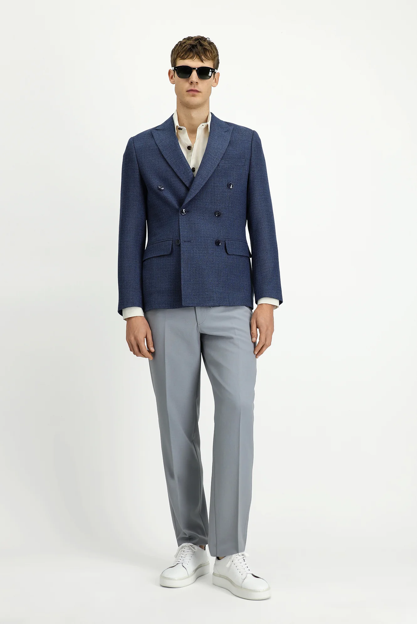 Orta Lacivert 7 Drop Slim Fit Dar Kesim Desenli Kruvaze Ceket - Image 2