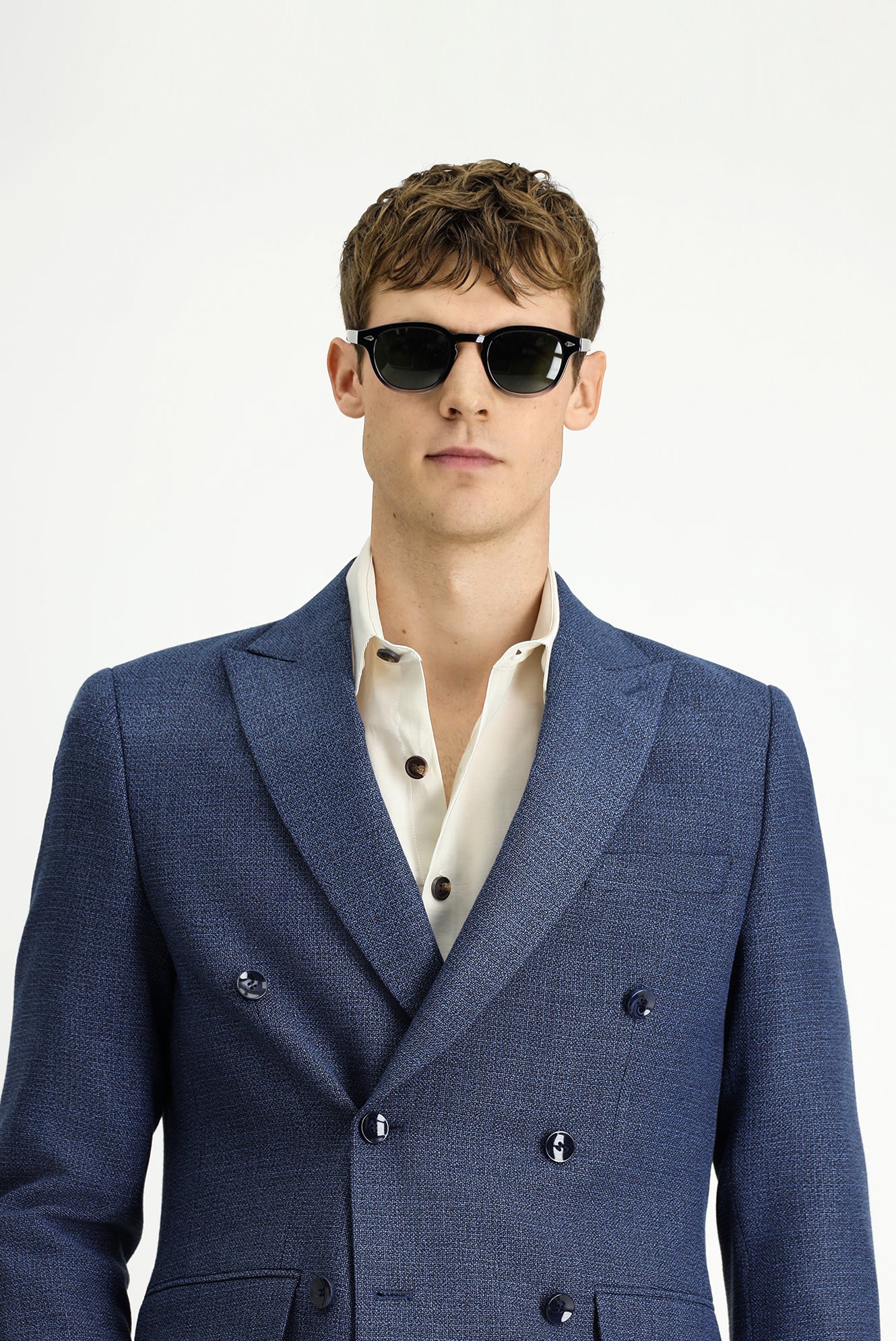 Orta Lacivert 7 Drop Slim Fit Dar Kesim Desenli Kruvaze Ceket - Image 3